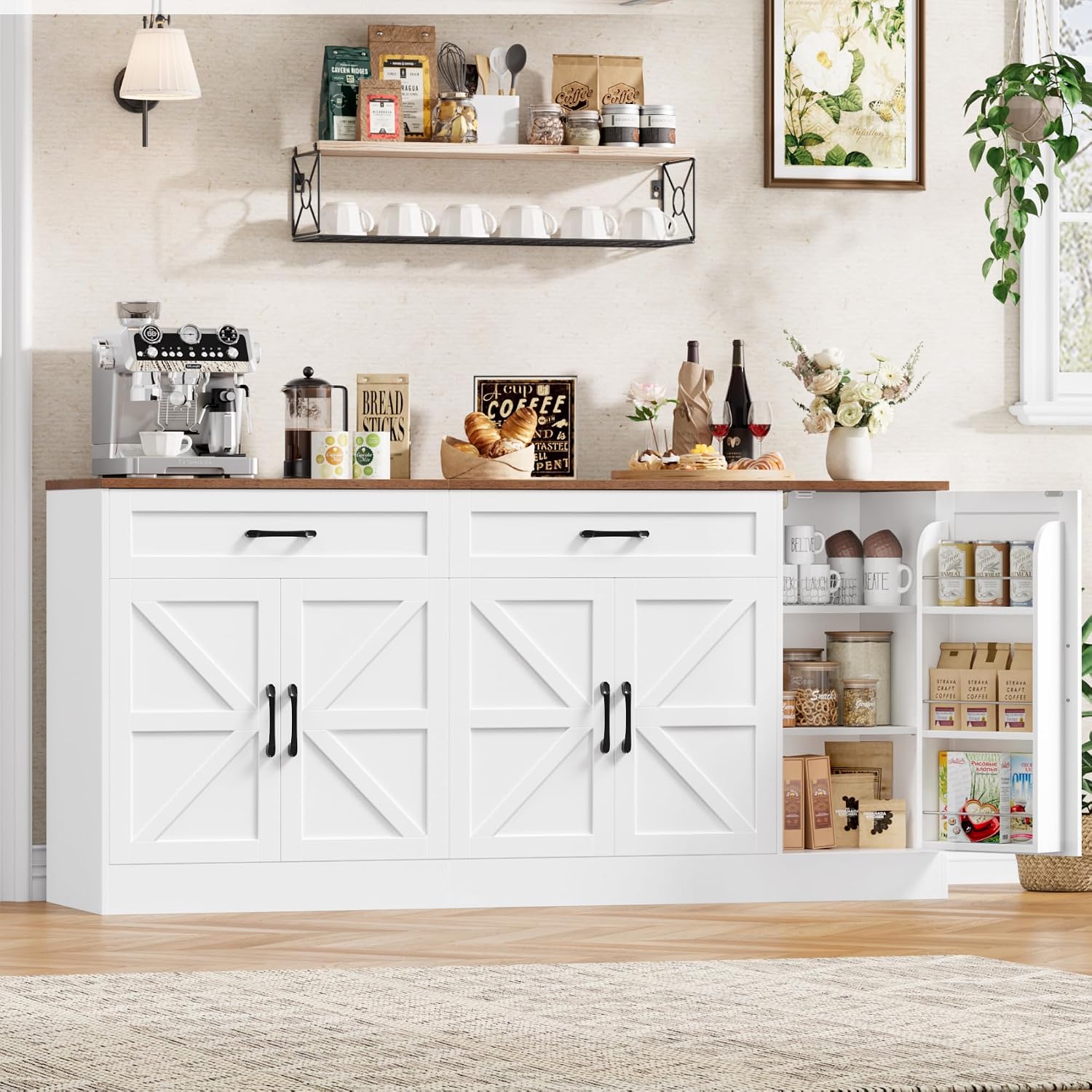 BOTLOG 71' Large Sideboard Buffet Cabinet with Storage, Farmhouse Buffet Cabinet with Adjustable Shelves and 3 Door Shelves, Wood Coffee Bar Console Table for Kitchen, Dining Room (White)