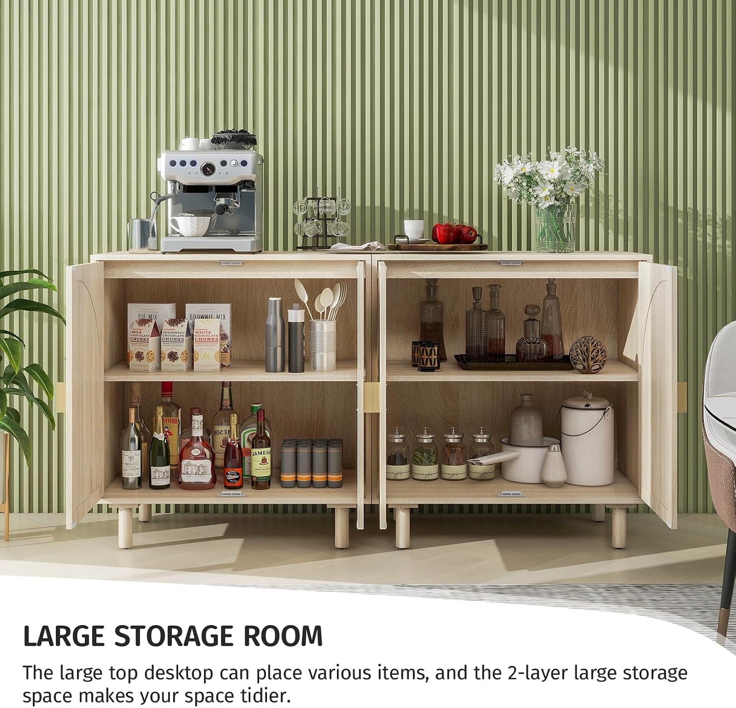 vistavie Rattan Buffet 2 Door Cabinet with Storage, Sideboard Storage Cabinet with Solid Pine Legs, Accent Wood Cabinet for Living Room, Dining Room, Kitchen (Natural, Set 2)