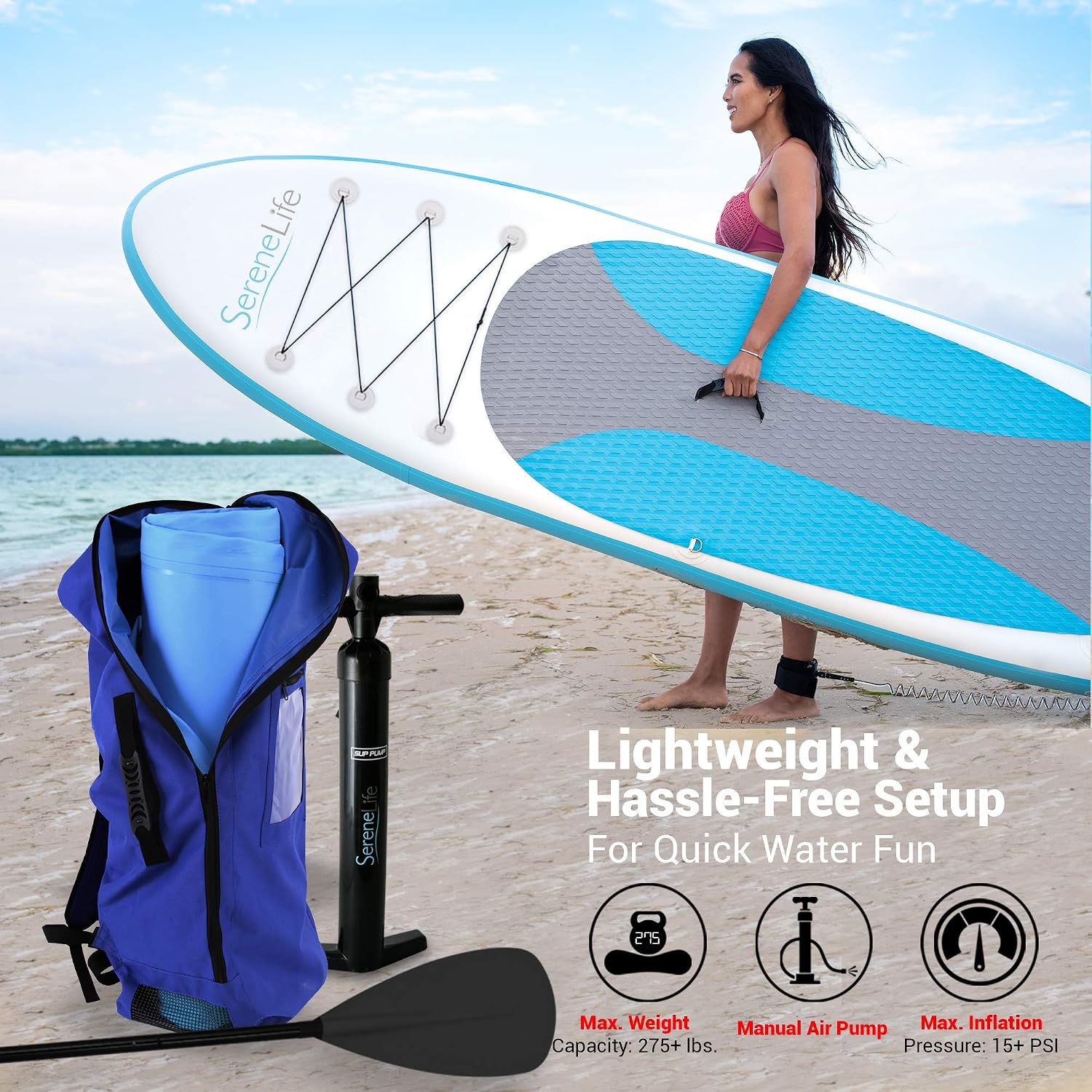 SereneLife Inflatable Stand Up Paddle Board - Wide Stable Design, Non-Slip Deck for Adults & Youth with Premium Paddle Board Accessories: Carry Bag, Dual Action Pump, Paddle, Ankle Leash - 10'
