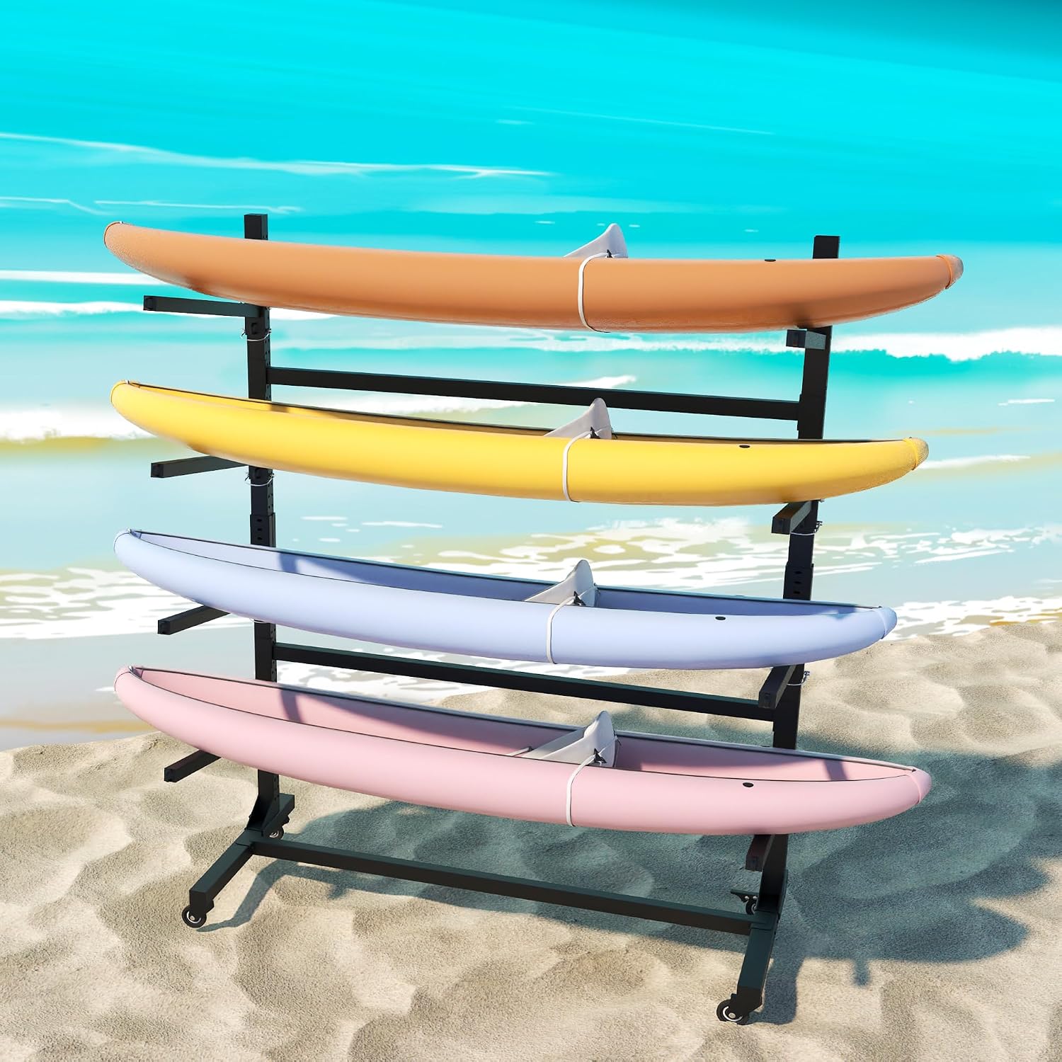 Kayak Rack, Heavy Duty Freestanding Kayak Storage Rack with Movable Wheels, Adjustable Rust-Proof Outdoor Kayak Rack for Holds Kayaks, Canoes, SUPs & Paddleboards.