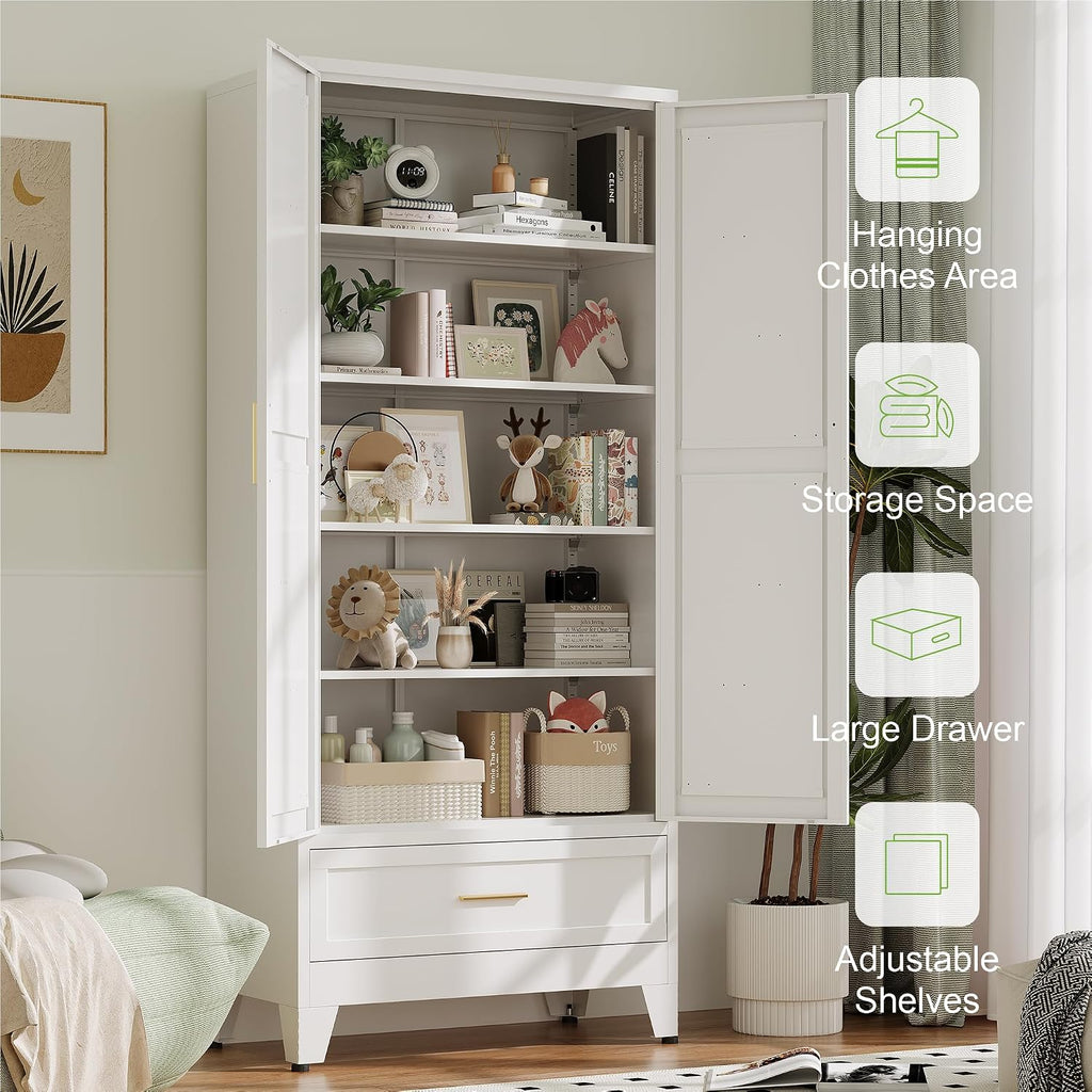 71'Tall Metal Storage Cabinet with Drawer and 4 Adjustable Shelves,Farmhouse Kitchen Pantry Storage Cabinet with Doors, Freestanding White Locker Cabinets for Office,Dining Room,Bathroom(White)