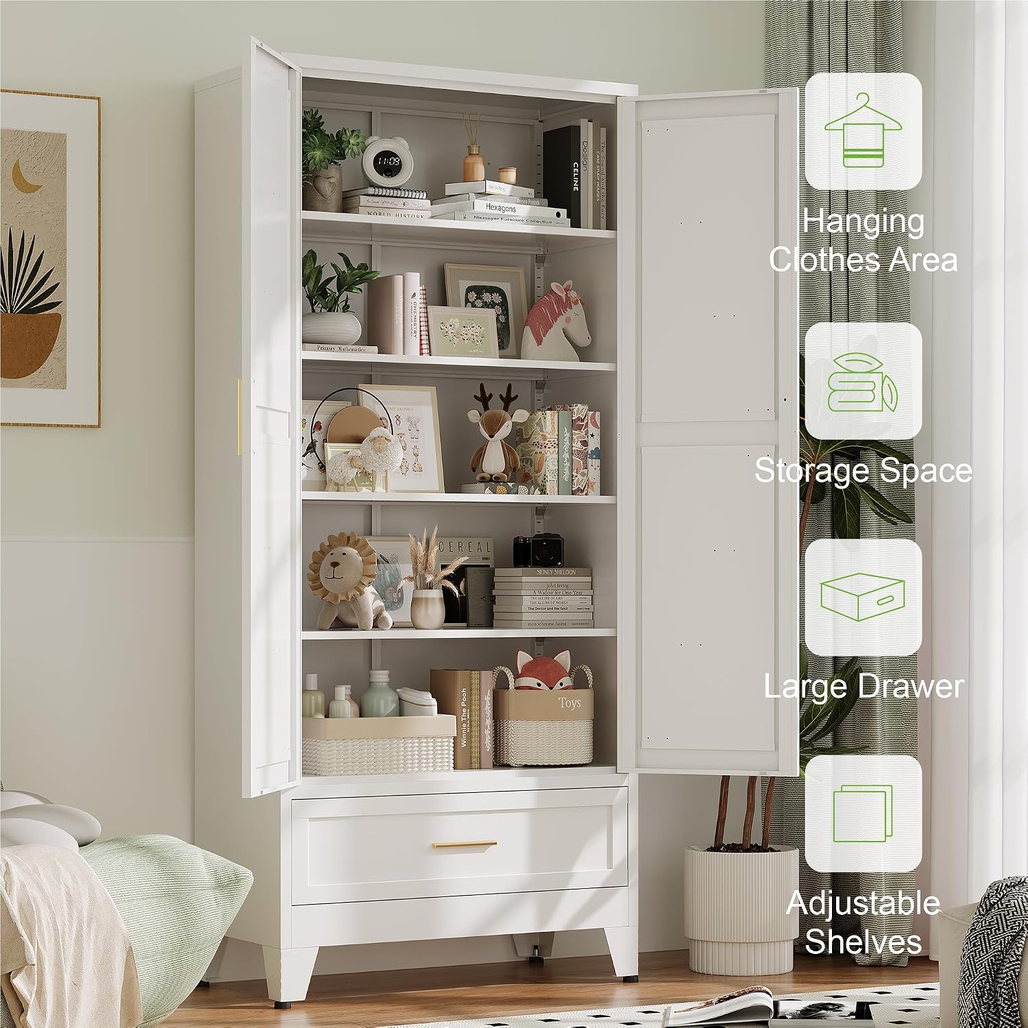 71'Tall Metal Storage Cabinet with Drawer and 4 Adjustable Shelves,Farmhouse Kitchen Pantry Storage Cabinet with Doors, Freestanding White Locker Cabinets for Office,Dining Room,Bathroom(White)