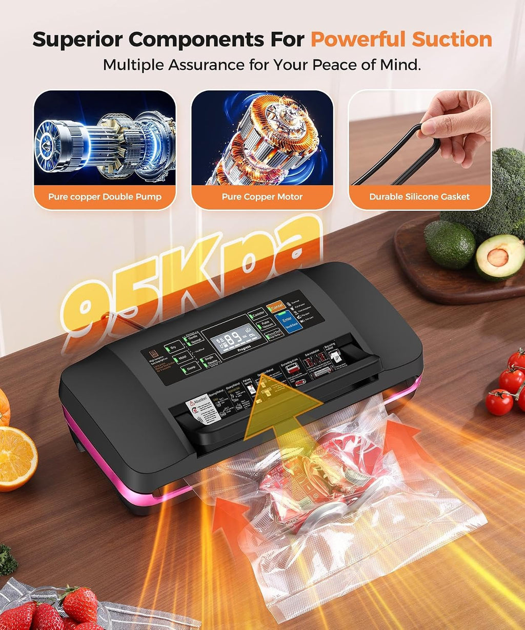 95kpa Vacuum Sealer Machine,Commercial Full Automatic Food Sealer,Powerful Sealing System with Double Heat Seal,Bags Storage, Easy-Lock Handle,Build-in Cutter,1 Bag Rolls and 10 pcs Pre-cut Bags(Pink)