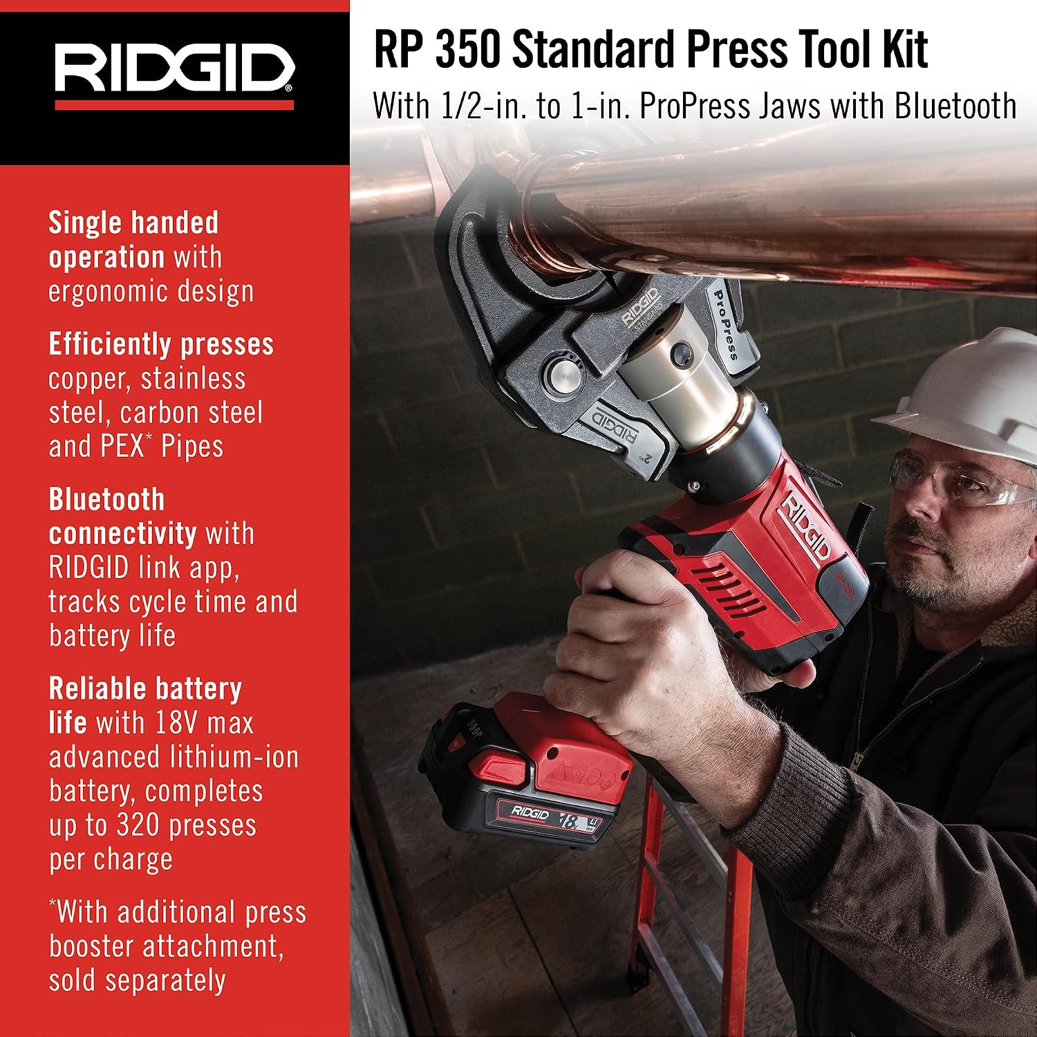 RIDGID 67058 RP 350 ProPress Pressing Tool and Battery Kit with ProPress Tool, 1/2' to 1' ProPress Jaws, 18-Volt Battery, Charger, and Case
