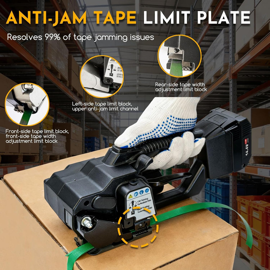 Cordless Electric Strapping Tool for PP/PET Straps, Adjustable Tension 3500N, Dual Battery Powered Handheld Banding Machine for Cartons, Pallets & Industrial Packaging
