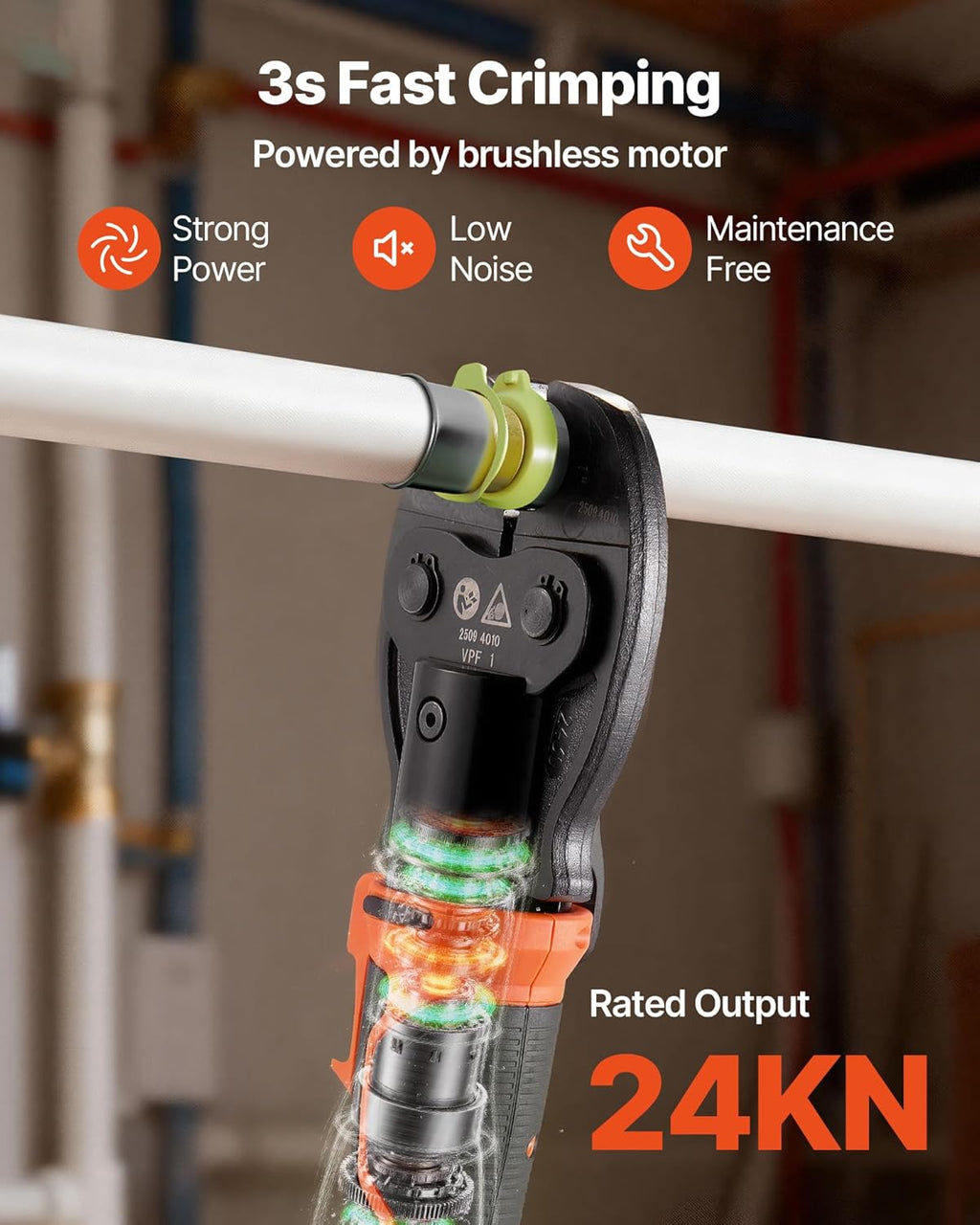 VEVOR Press Tool, 18V Electric Pipe Crimping Tool for 1/2' 3/4' 1' PEX Pipe Stainless Steel Rings, 24KN PEX Press Tool Compatible with PureFlow - with 3 VPF Jaws, 2pcs 2AH Batteries, Charger & Toolbox