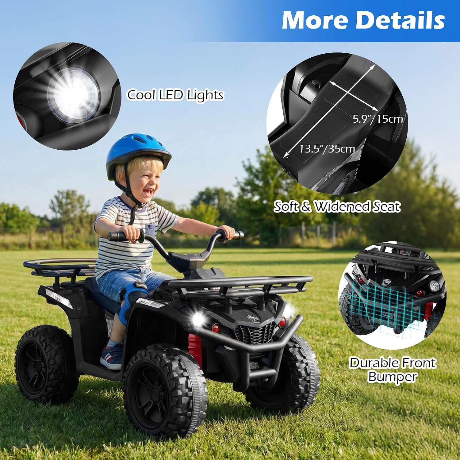 OLAKIDS 12V Kids ATV Quad with 2 Speeds, Spring Suspension, LED Lights, Music & Story Player, Big Tires, 2 Storage Spaces, Ride On Car for Boys Girls Ages 3+ (12V, Black)