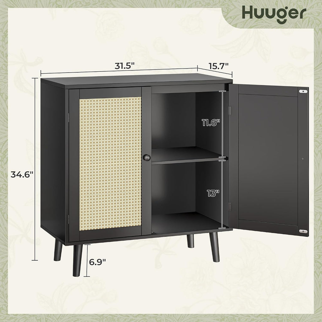 Huuger Buffet Cabinet with Storage, Storage Cabinet with Synthetic Rattan Decor Doors, Solid Wood Feet, for Hallway, Entry, Living Room, Black