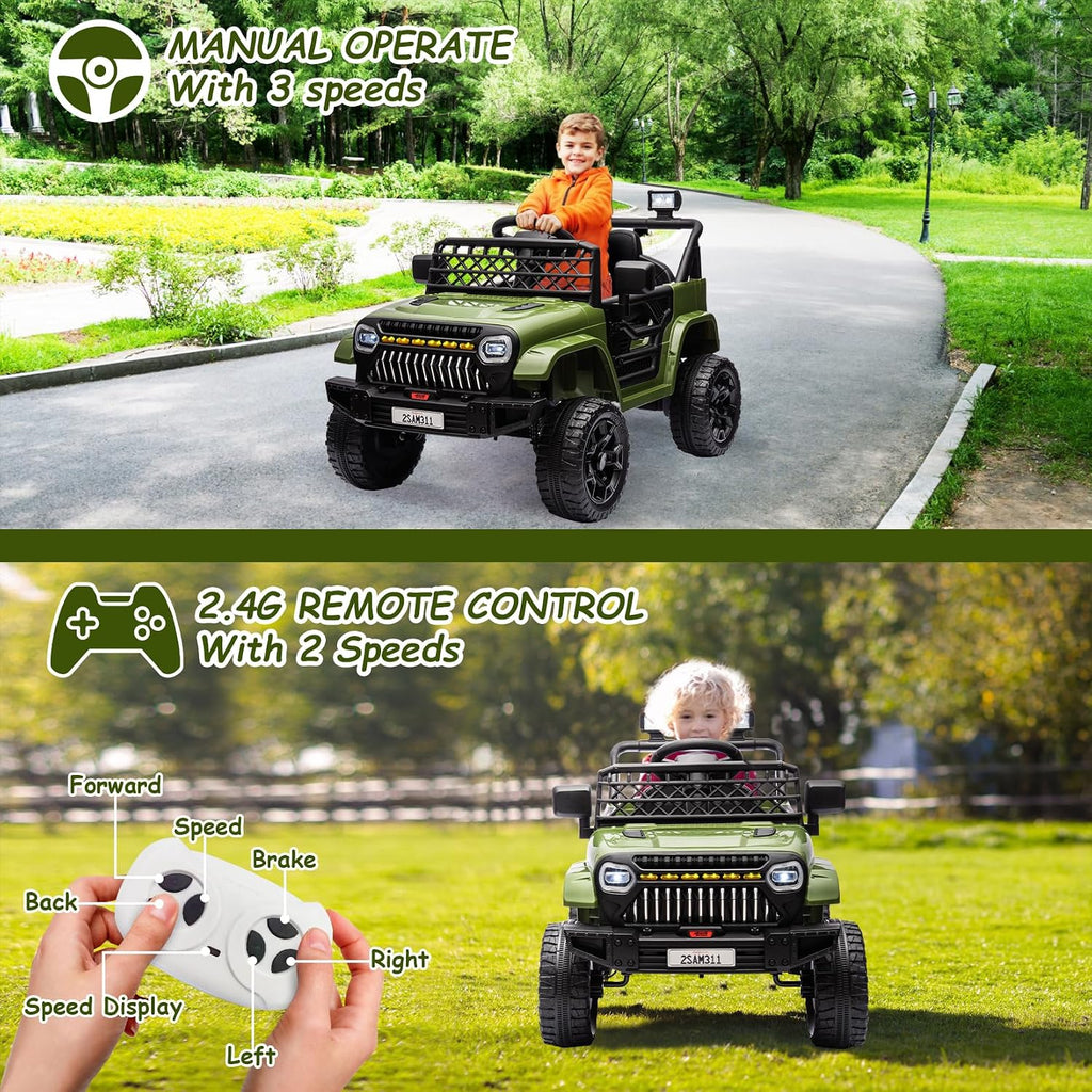 GarveeLife 12V Kids Ride On Truck Electric Vehicle Battery Powered Car Toddlers Ride On Toy for Boys Girls with Remote Control, 4-Wheel Suspension, Battery Display, LED Lights, Music, Army Green