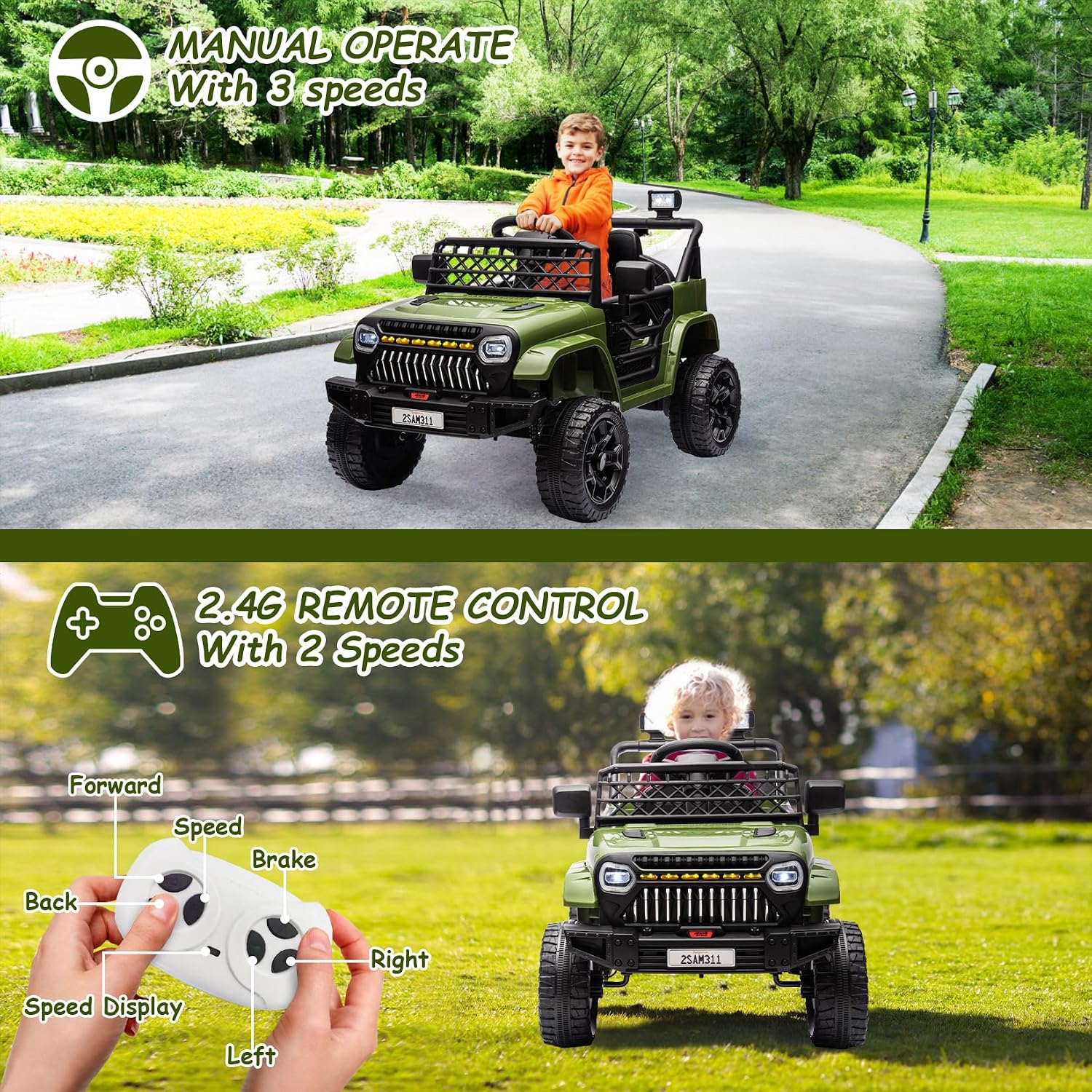 GarveeLife 12V Kids Ride On Truck Electric Vehicle Battery Powered Car Toddlers Ride On Toy for Boys Girls with Remote Control, 4-Wheel Suspension, Battery Display, LED Lights, Music, Army Green