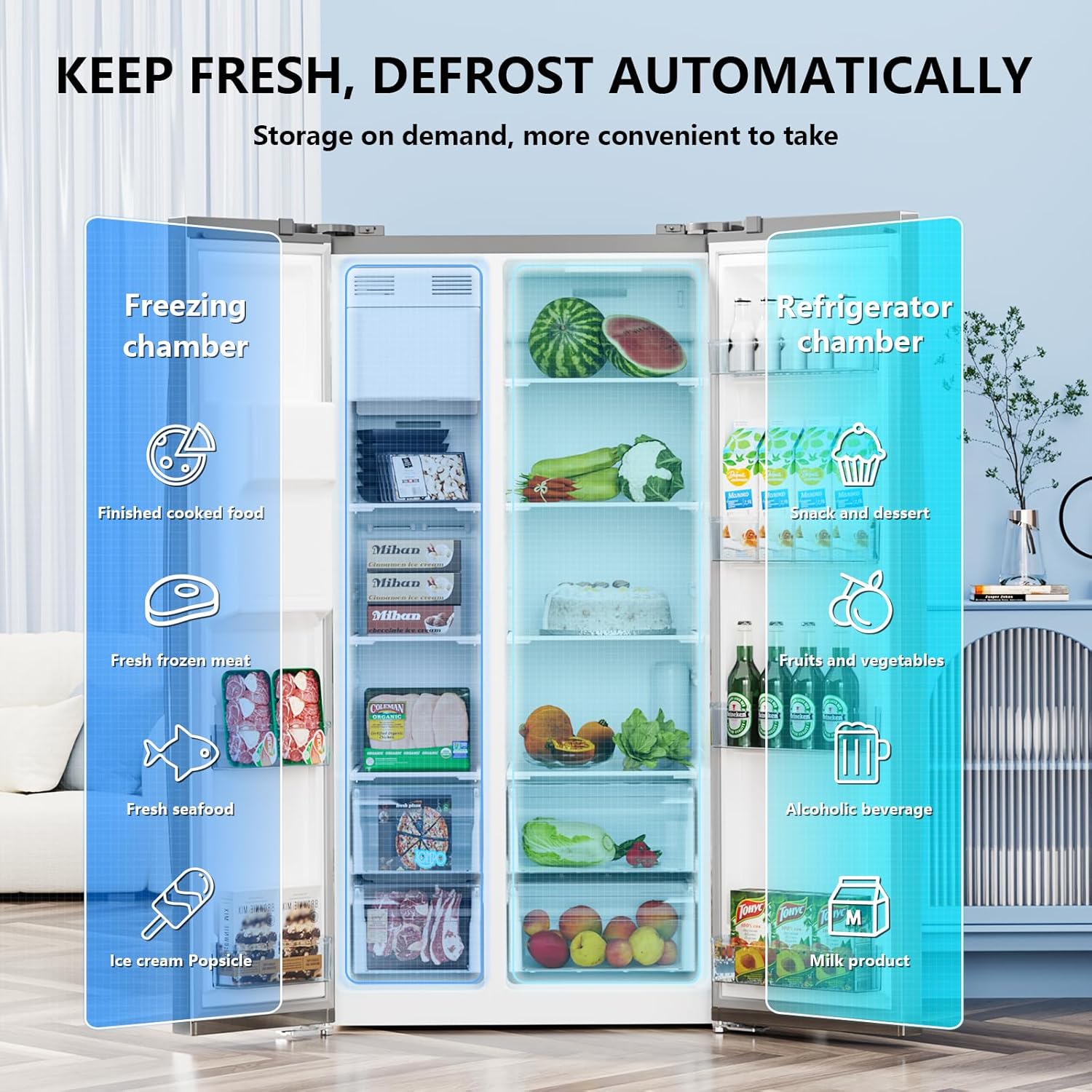 Antarctic Star French Door Refrigerator with Side Freezer, Nugget and Cube Ice Maker, Adjustable Thermostat, 20 Cu. Ft., Stainless Steel