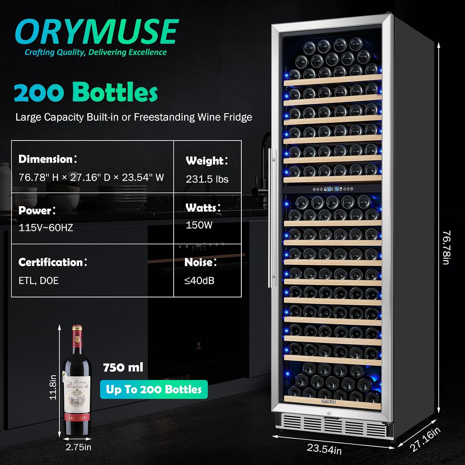 ORYMUSE 200 Bottle Dual Zone Wine Fridge - 24 Inch Large Wine Cooler Refrigerator, Freestanding and Built-in Design, Upgraded Compressor Cooling, Intelligent Temperature Memory