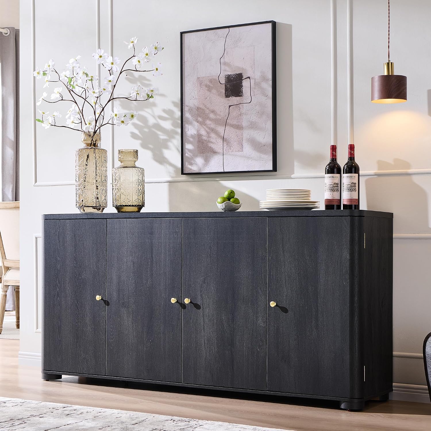 IFGET Curved Buffet Cabinet with Doors, 66' Large Sideboard Buffet Storage Cabinet with 4 Doors and Shleves, Modern Coffee Bar Station Wood Kitchen Table for Kitchen, Dining Room, Dark Grey