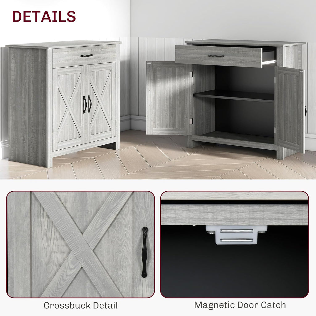 HOMCOM Farmhouse Sideboard Buffet Cabinet, Barn Door Coffee Bar Cabinet with Drawer and Adjustable Shelf for Kitchen, Living Room, Entryway, Stone Gray