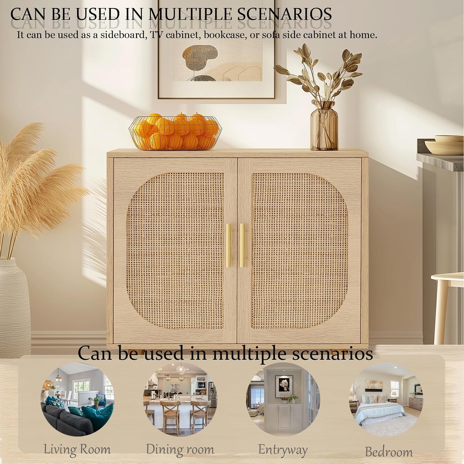 vistavie Buffet Cabinet with Storage, Accent Bathroom Floor Cabinets,Rattan Storage Cabinet with 2 Doors and 4 compartments for Storages,Sideboard Cabinets for Hallway, Entry, Living Room