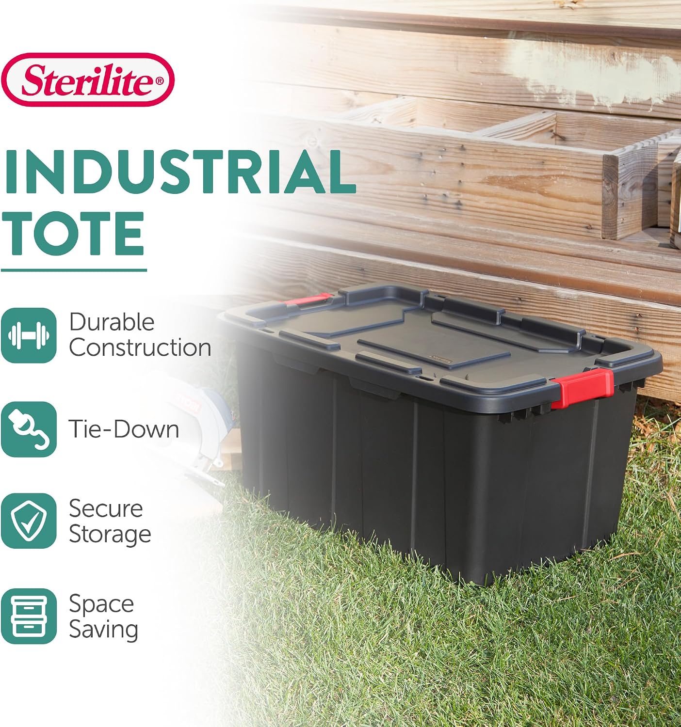 Sterilite 4-Pack Industrial Tote, Plastic Storage Bins with Lids, 27 Gallon, Black - Heavy-Duty Organizing Containers for Closet, Bathroom, and Office