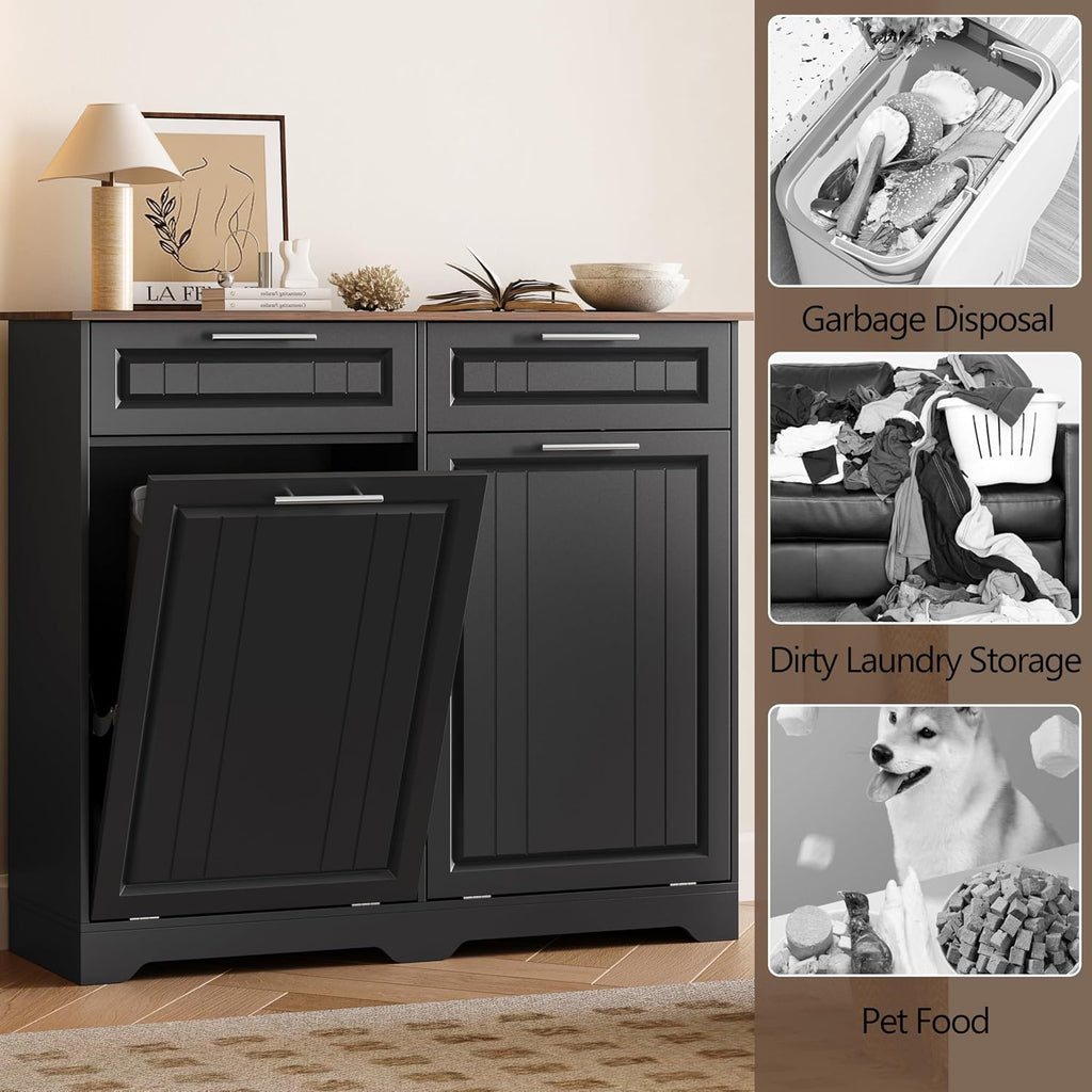 2 x 10 Gallon Double Tilt Out Trash Can Cabinet with Deodorizing Function & Charging Station, Hidden Laundry Hamper Cabinet with Storage Drawers, Garbage Can Holder for Kitchen, Bathroom, Black