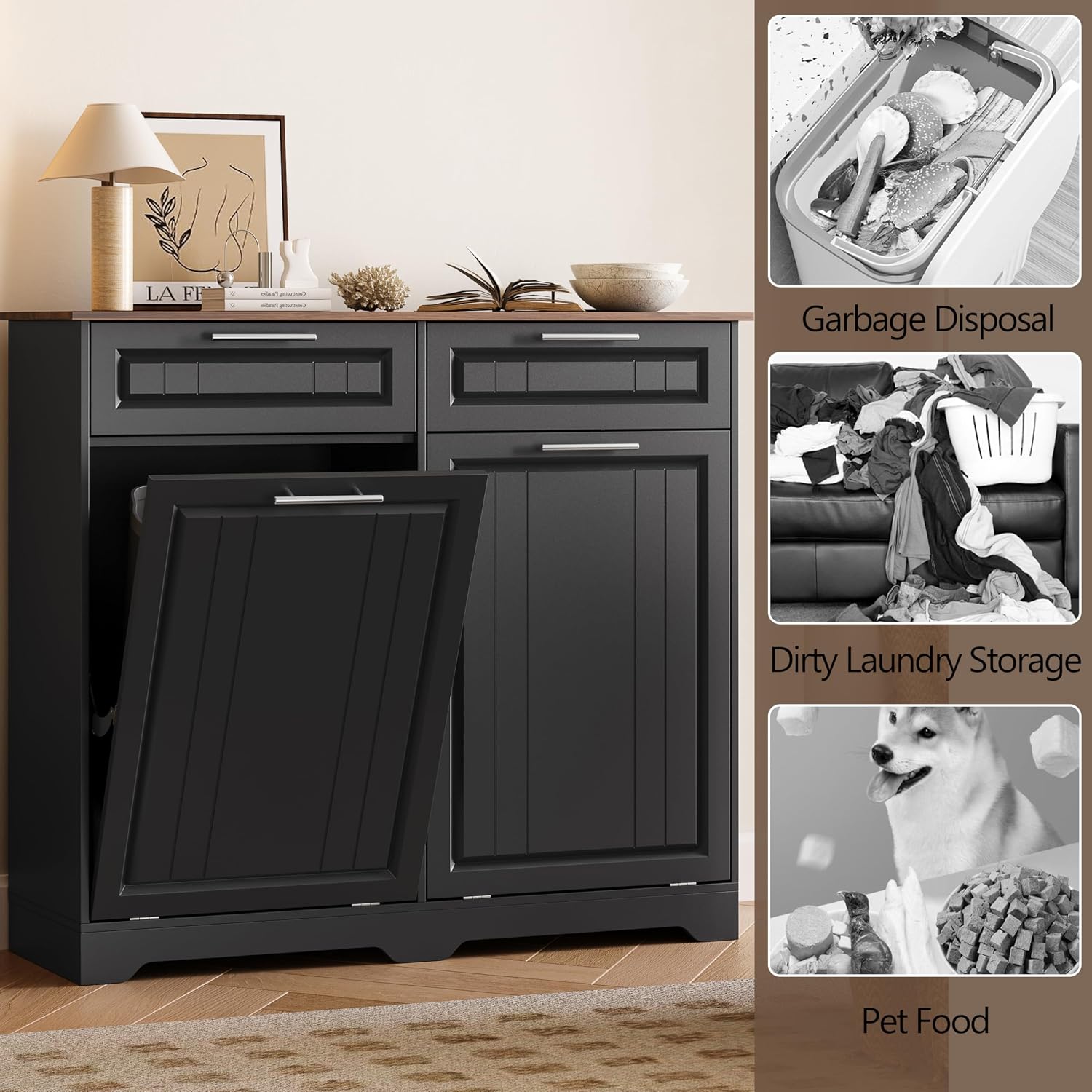 2 x 10 Gallon Double Tilt Out Trash Can Cabinet with Deodorizing Function & Charging Station, Hidden Laundry Hamper Cabinet with Storage Drawers, Garbage Can Holder for Kitchen, Bathroom, Black