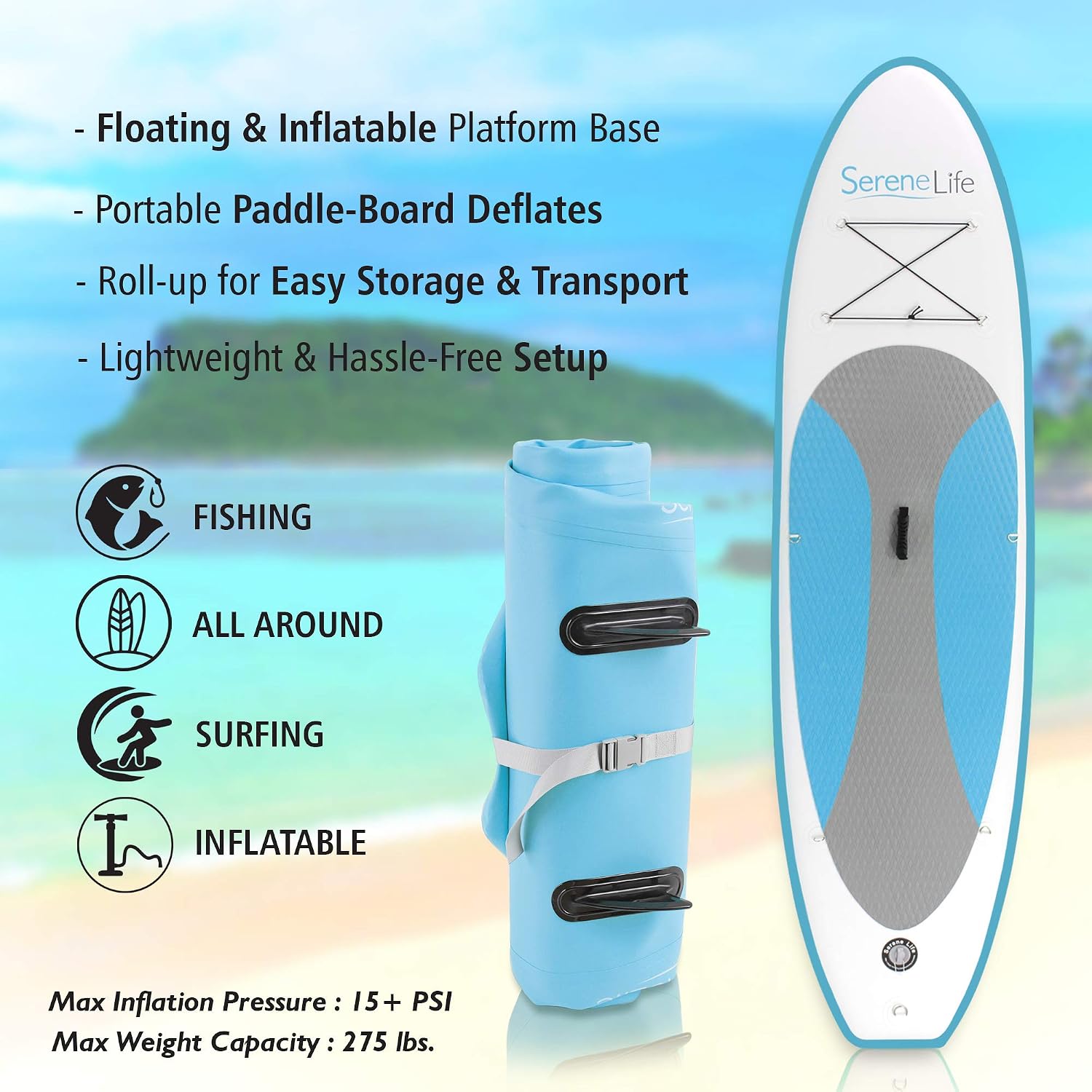 SereneLife Inflatable Stand Up Paddle Board - Wide Stable Design, Non-Slip Deck for Adults & Youth with Premium Paddle Board Accessories: Carry Bag, Dual Action Pump, Paddle, Ankle Leash - 10'