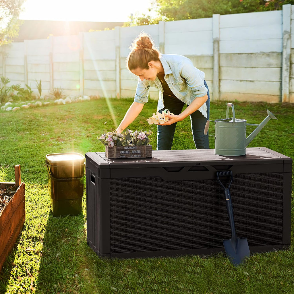 Greesum 100 Gallon Deck Box and Suncast 33 Gallon Outdoor Trash Can Storage Bundle for Patio Furniture, Garden Tools, and Pool Supplies