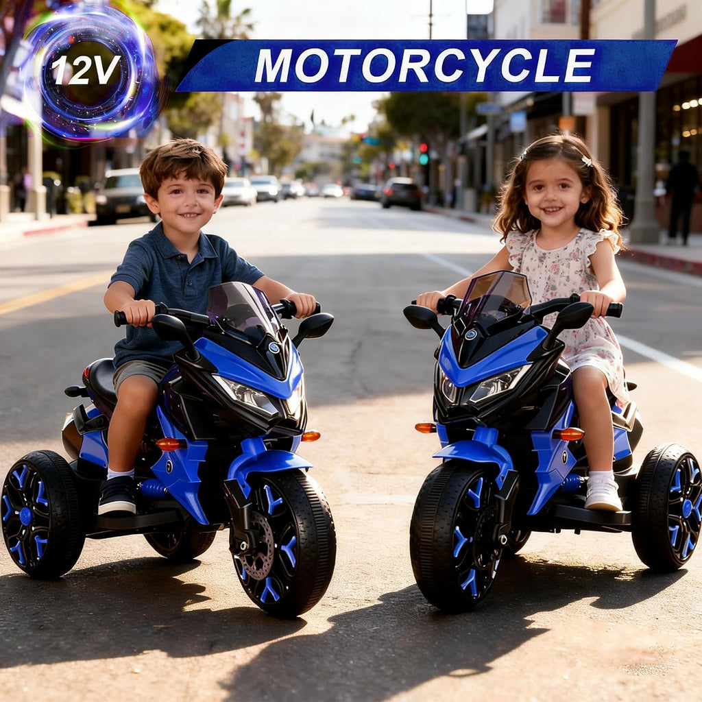 12V Kids Electric Motorcycle with Training Wheels | Plastic, PU seat, manual throttle, foot brake, USB, MP3, phone link, light-up wheels, ages 3-6, 45.3 W x 23.2 D x 28.7 H in