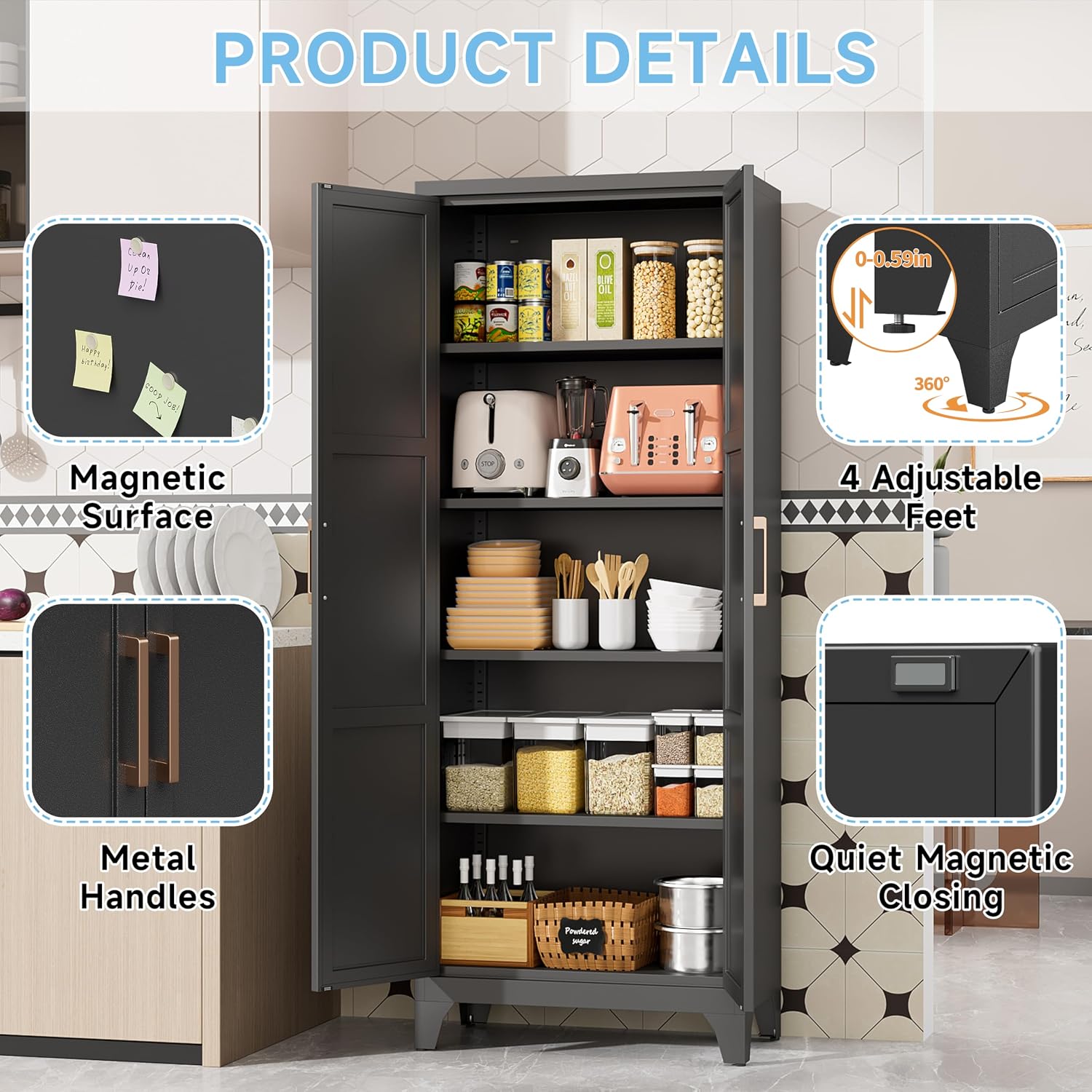 Pantry Cabinets for Kitchen,70.8' Tall Storage Cabinets,Metal Pantry Storage Cabinet with 2 Doors and 4 Adjustable Shelves for Kitchen/Black