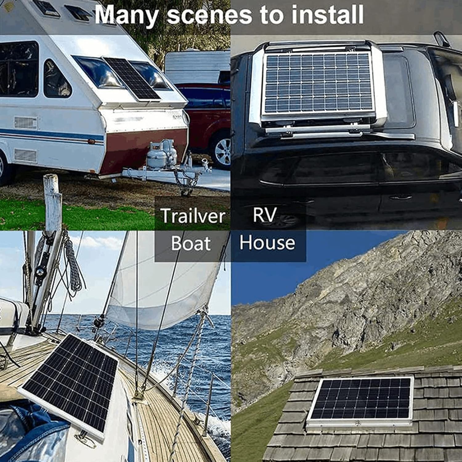 30W Monocrystalline Solar Panel Kit, for Boat, Roof, Car, RV, Camping, with 1000W Inverter, 100A Solar Charge Controller, Alligator Clip Wire