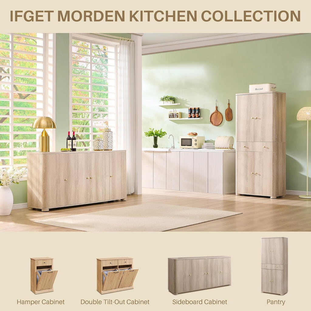 IFGET Curved Buffet Cabinet with Doors, 66' Large Sideboard Buffet Storage Cabinet with 4 Doors and Shleves, Modern Coffee Bar Station Wood Kitchen Table for Kitchen, Dining Room, Light Grey