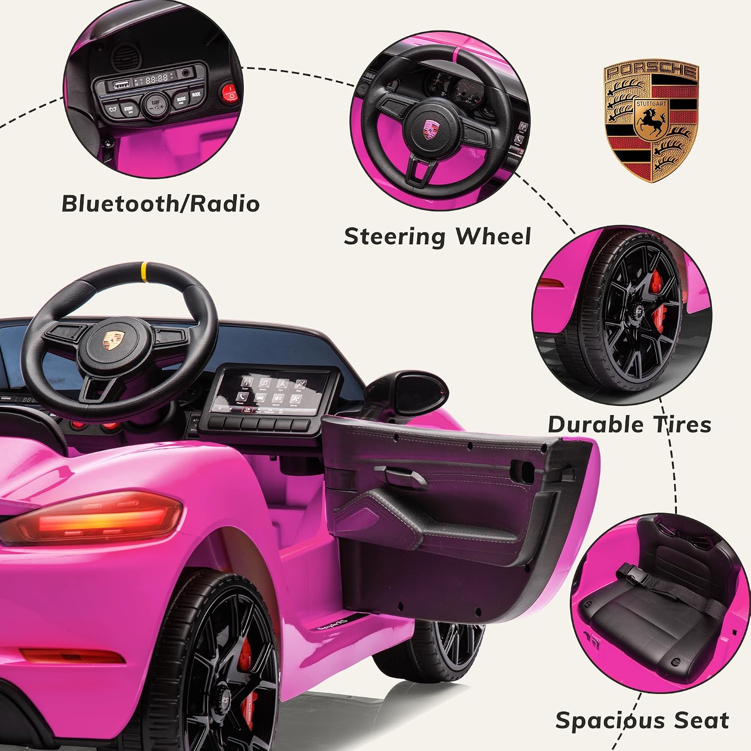 Licensed Porsche 718 12v Kids Electric Ride On Car with Parent Remote Control,Adjustable 2-5 Mph,LED Front&Tail Lights,Bluetooth Music Player,Soft Slow Start,Spring Suspension (Pink)