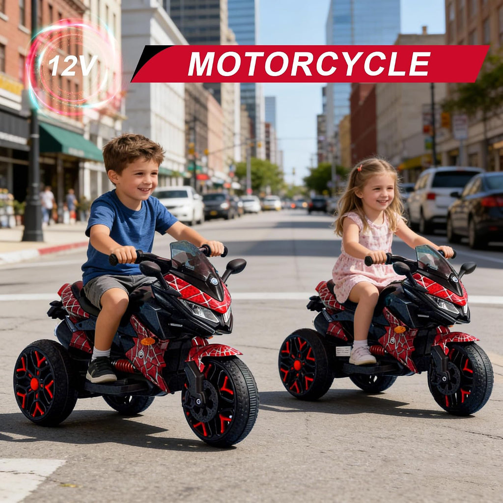 12V Kids Electric Motorcycle with Training Wheels | Plastic, PU seat, manual throttle, foot brake, USB, MP3, phone link, light-up wheels, ages 3-6, 45.3 W x 23.2 D x 28.7 H in