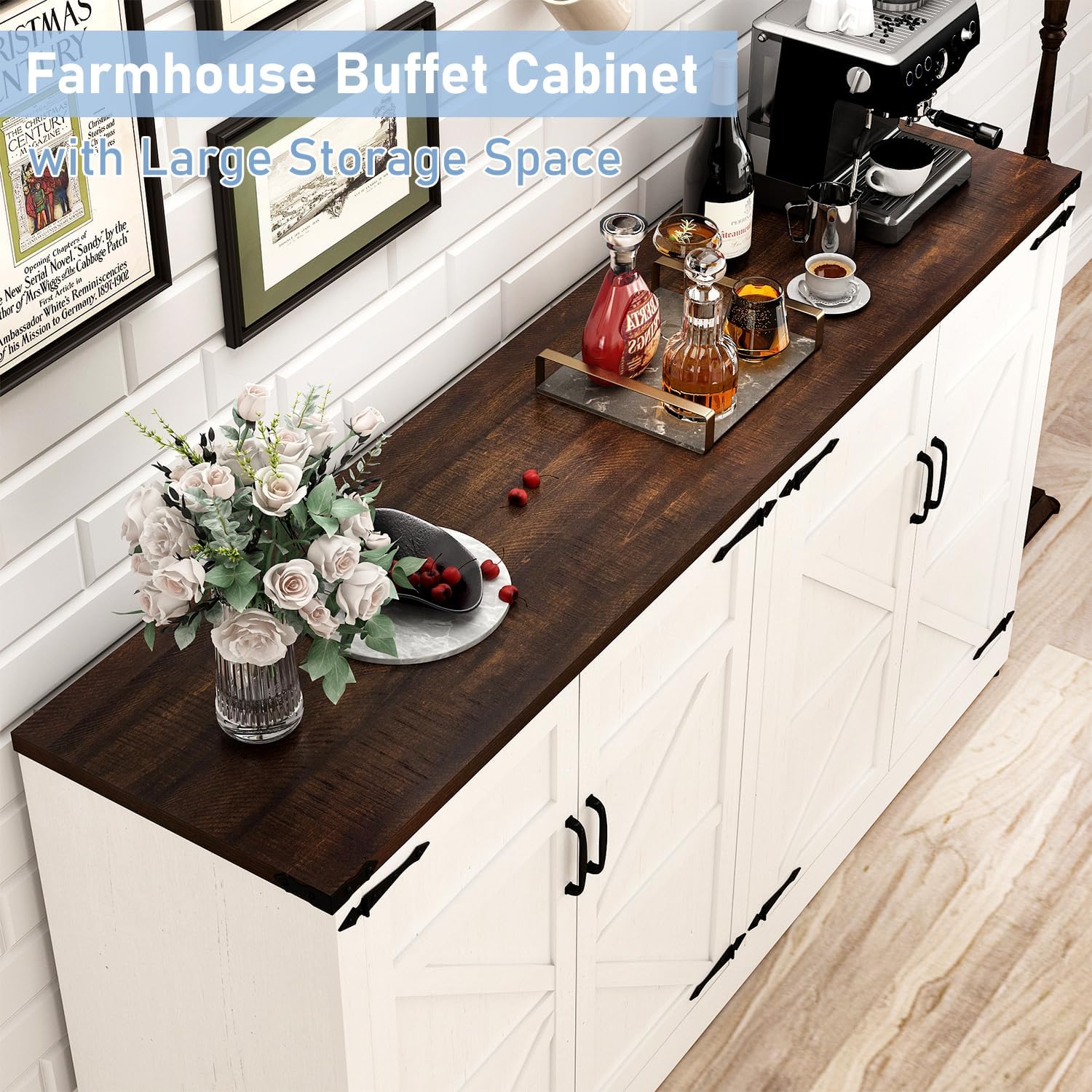 65 Inch Sideboard Buffet Cabinet with Storage, Farmhouse Kitchen Sideboard Cabinets with Adjustable Shelves, Wooden Coffee Bar Storage Cabinet Buffet Table for Kitchen, Dining Room, White