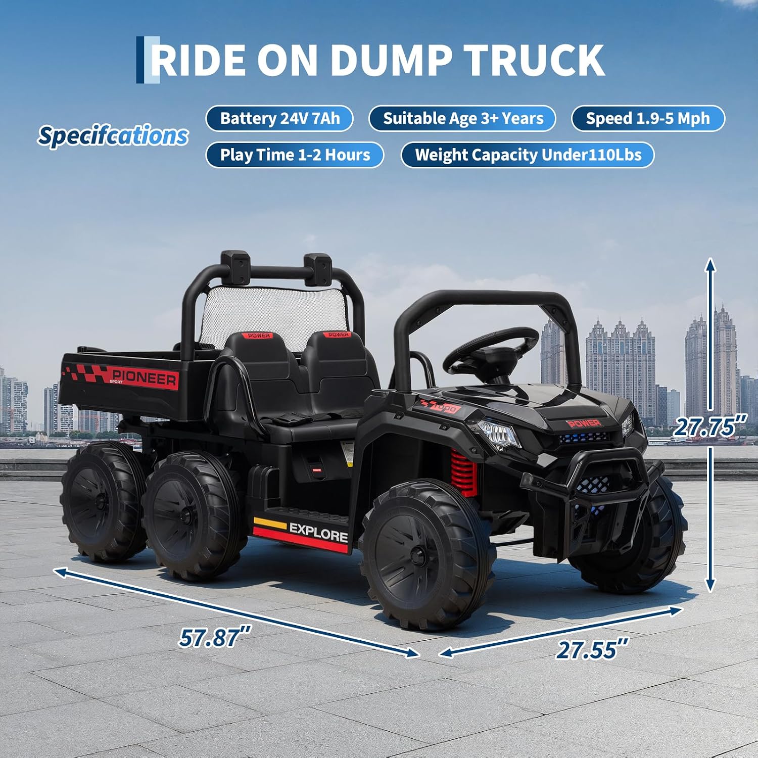 Hetoy 24V Ride on Toys, 2 Seater Dump Truck Car for Kids 4-8, 4WD Electric Tractor with Remote Control, Dump Bed, 3 Speed Modes, Music Player