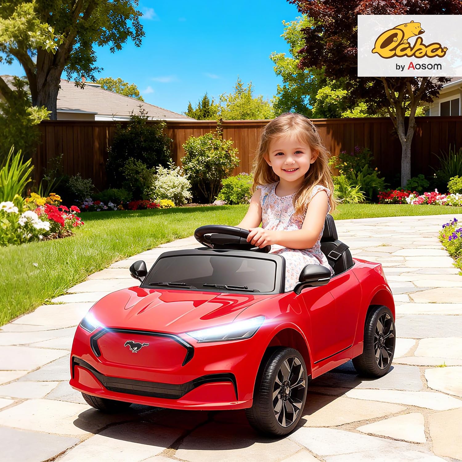 Qaba 12V Kids Ride On Car, Licensed Ford Mustang Mach-E Electric Car with Remote Control, 3 Speeds, LED Light, Music, Bluetooth, Suspension Wheels, Battery Powered Toy for Ages 3–5 Years, Red