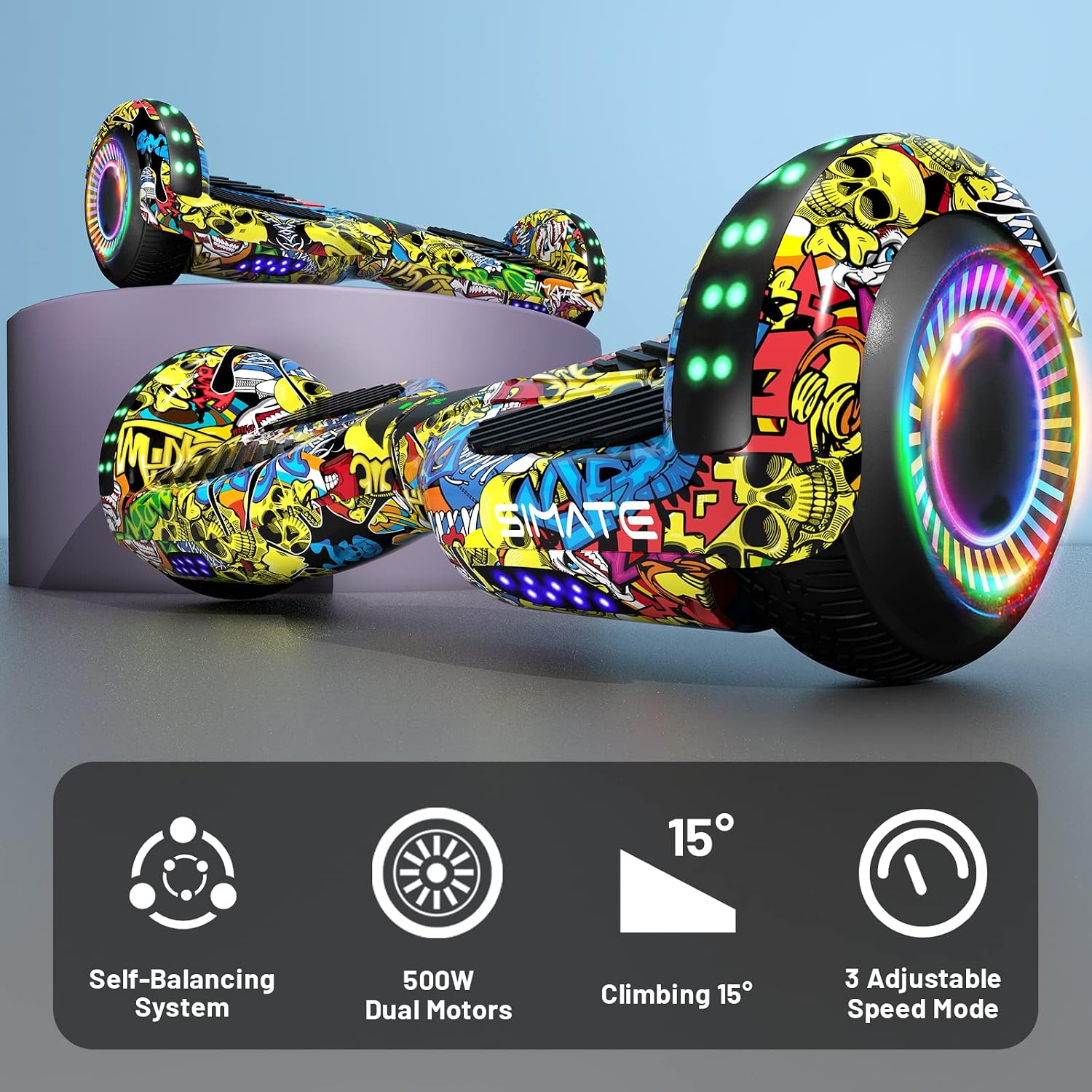 SIMATE Hoverboard, Bluetooth All Terrain Hover Boards with LED Lights and APP Control, Gifts for Kids Adults Girls Boys, for All Ages
