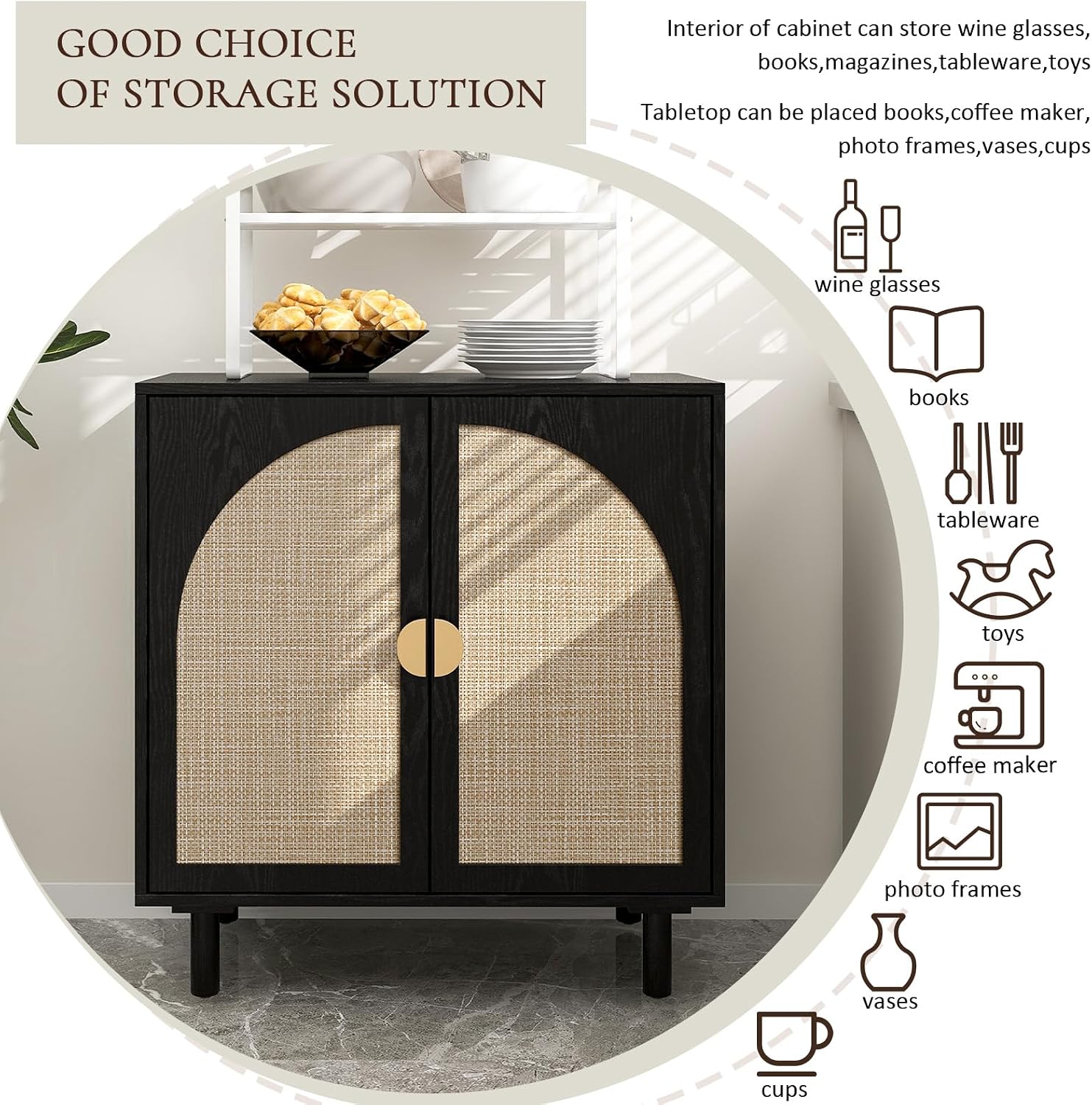 vistavie Black Rattan Storage Buffet Cabinet with 2 Door,Sideboard Storage with Solid Pine Legs,Accent Cabinet,Boho Wood Credenza Suitable for Kitchens,Bathrooms,Reception Rooms,Study Rooms