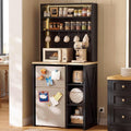 IRONCK Bakers Rack with Mini Fridge Space & Power Outlets, 69.3' Coffee Bar Station with LED Lights, 7-Tier Kitchen Microwave Stand with Hooks & Wooden Backboard, Space-Saving Utility Organizer, Black