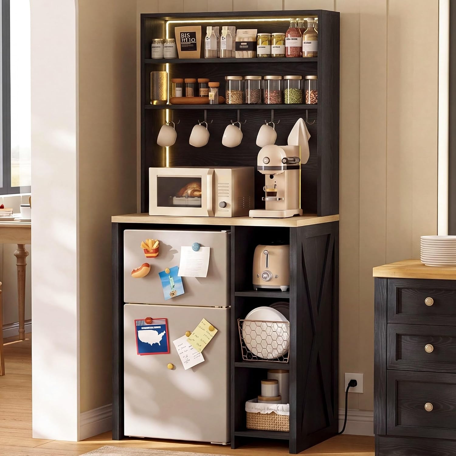 IRONCK Bakers Rack with Mini Fridge Space & Power Outlets, 69.3' Coffee Bar Station with LED Lights, 7-Tier Kitchen Microwave Stand with Hooks & Wooden Backboard, Space-Saving Utility Organizer, Black