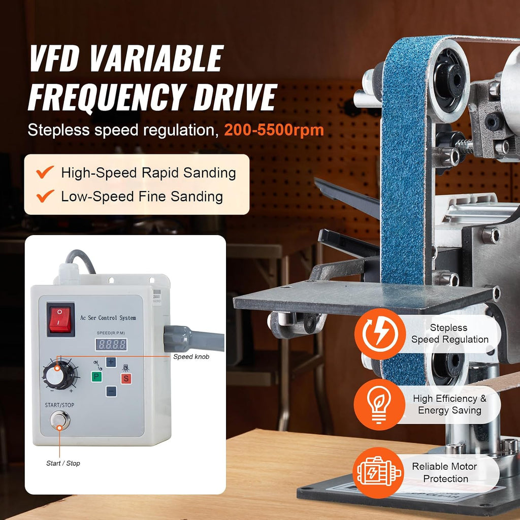 VEVOR Belt Grinder Sander, 30 x 1-Inch Variable Speed Belt Polisher with VFD, 550W Polishing Grinding Machine with 2 Grinding Moulds & 3PCS Sanding Belts for Metalworking, Knife Making