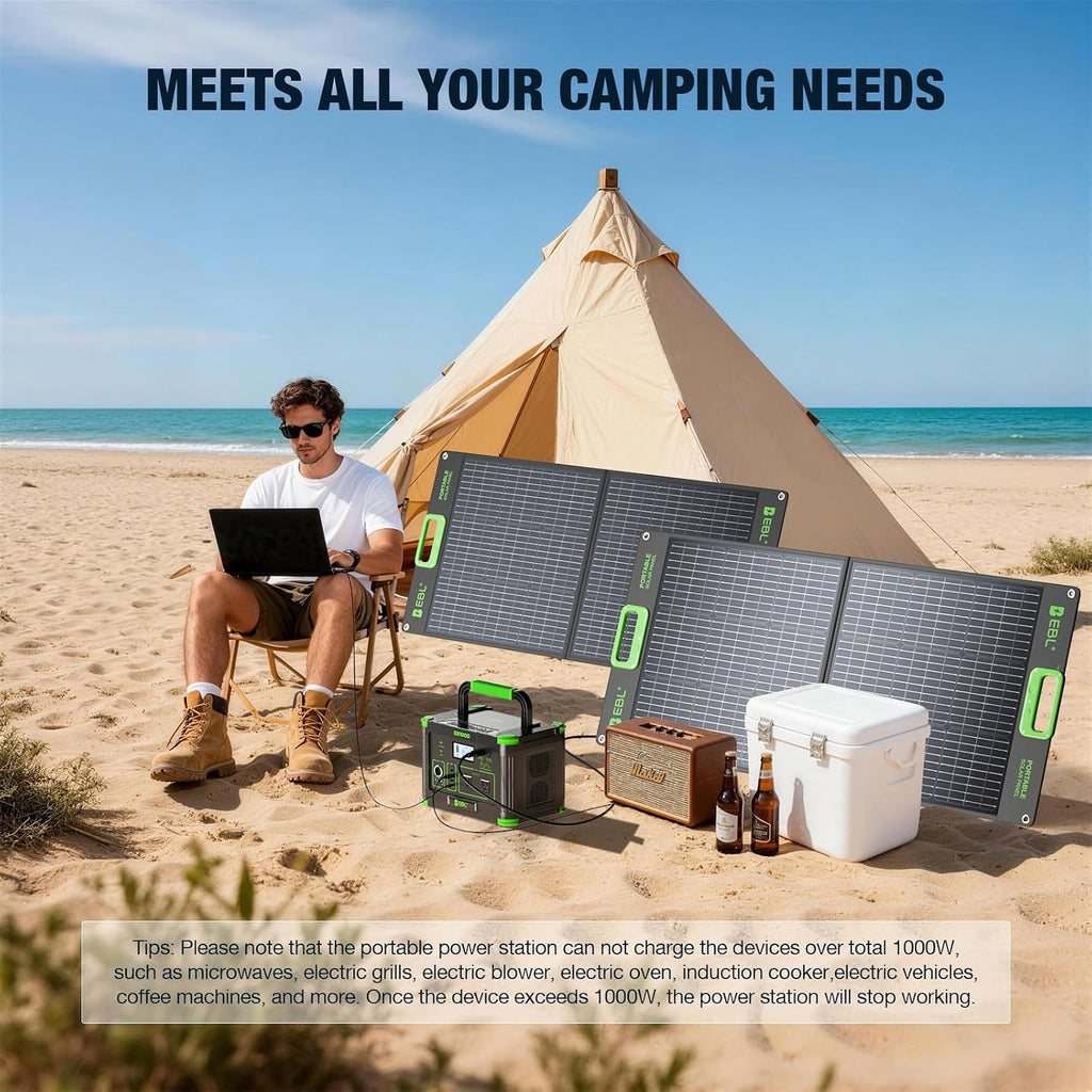 EBL 1000W Portable Power Station With 2x 100W Solar Panels, 999Wh Backup Lithium Battery, Pure Sine Wave AC Outlet, 60W PD Fast Charge Solar Generator Set for Outdoor Emergency Camping Travel Off-grid