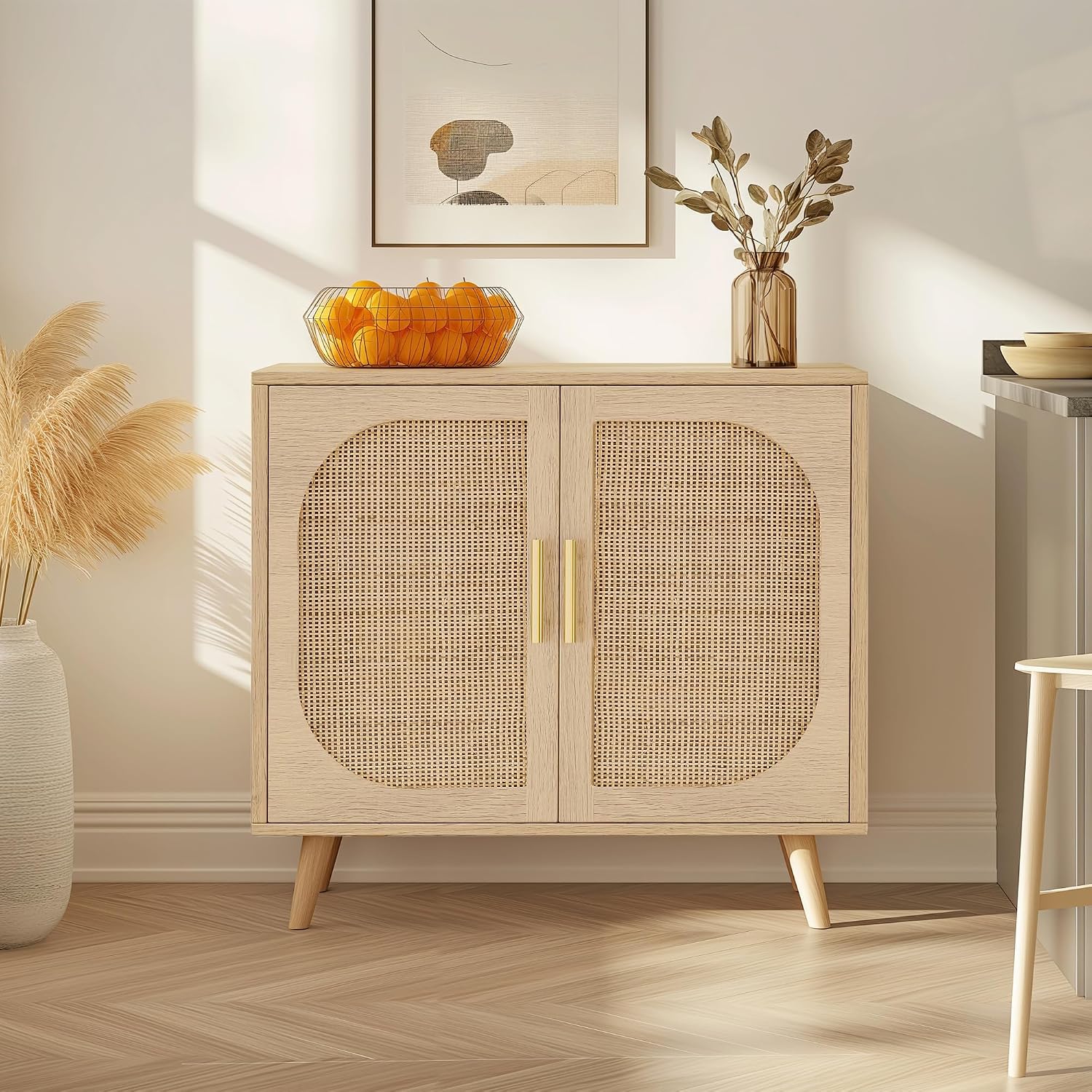 vistavie Buffet Cabinet with Storage, Accent Bathroom Floor Cabinets,Rattan Storage Cabinet with 2 Doors and 4 compartments for Storages,Sideboard Cabinets for Hallway, Entry, Living Room