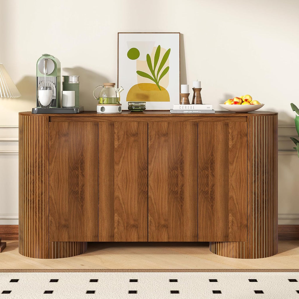 Sideboard Buffet Cabinet with Storage, 60' Modern Credenza Storage Cabinet with 4 Doors and Adjustable Shelves, Large Oval Buffet Table for Kitchen, Living Room (Walnut)