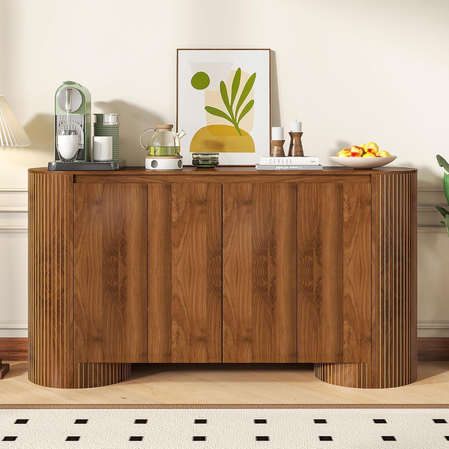 Sideboard Buffet Cabinet with Storage, 60' Modern Credenza Storage Cabinet with 4 Doors and Adjustable Shelves, Large Oval Buffet Table for Kitchen, Living Room (Walnut)