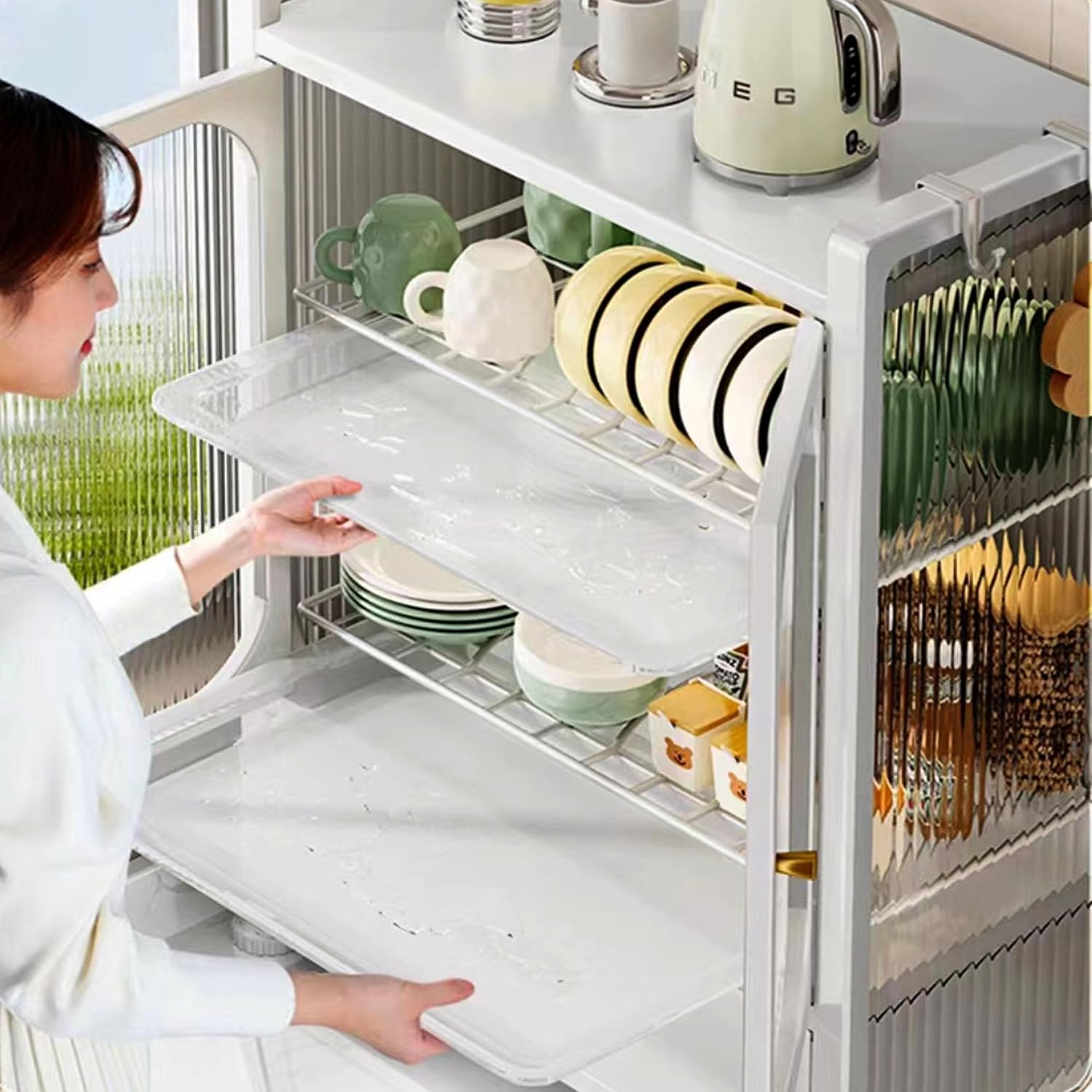 Kitchen Countertop with Drawers Dish Cabinet, Dish Rack,Dual Door Dustproof Multifunctional Kitchen Storage Cabinet Suitable for Kitchens and Restaurants (White)