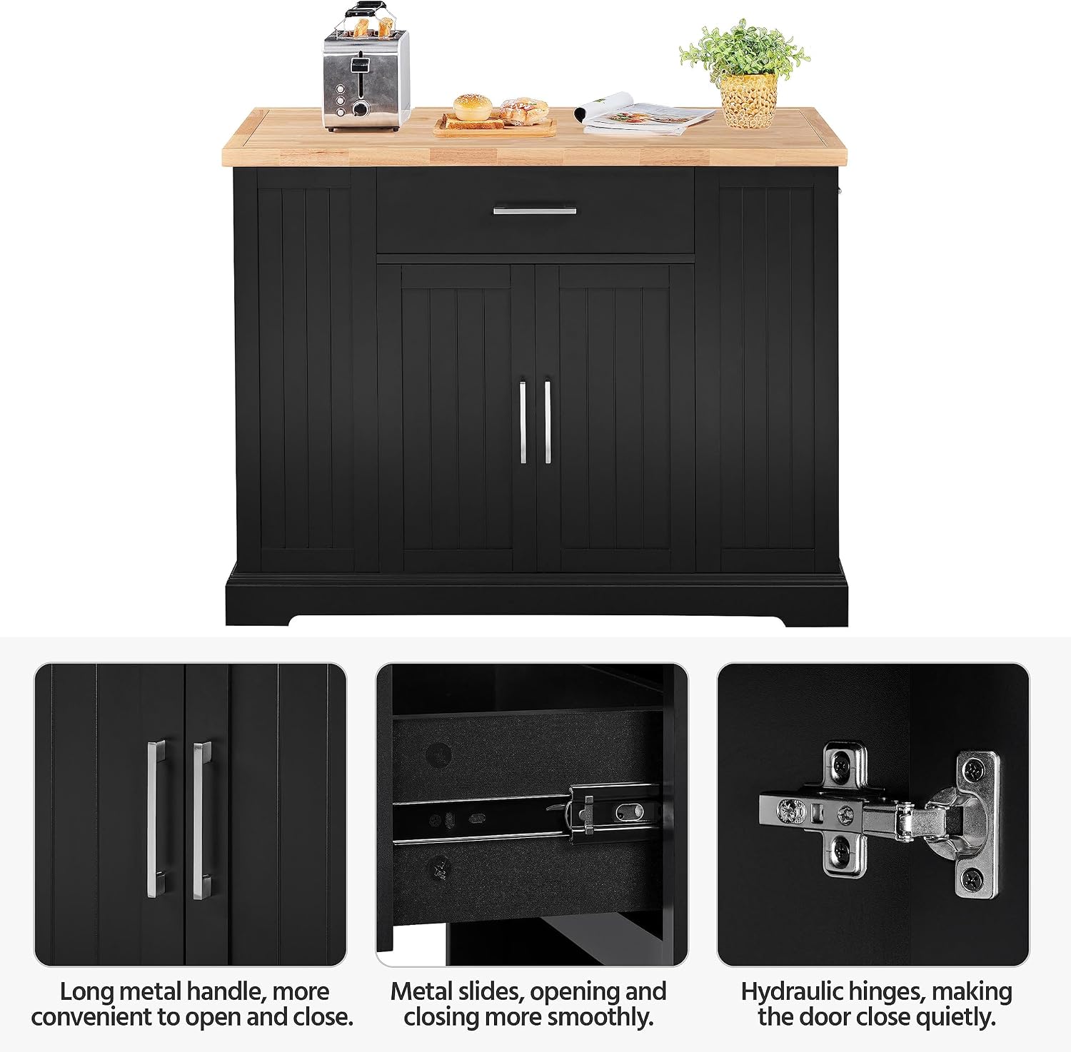 Yaheetech Kitchen Island on Hidden Wheels, Rolling Kitchen Cart with Thicker Rubberwood Top & 3 Drawers & Open Shelves, Storage Cabinet with Adjustable Shelves for Dining Room, 46″L × 22″W, Black