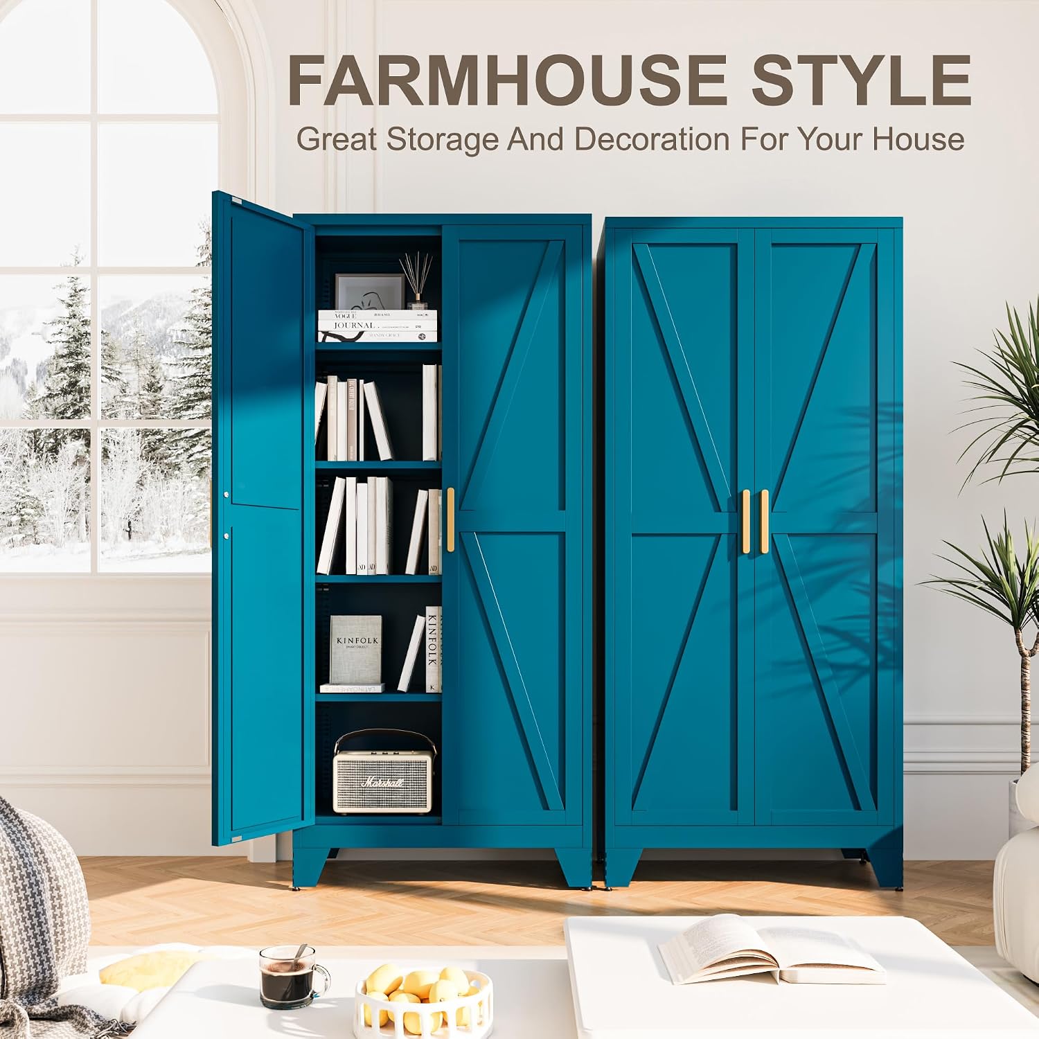 71H Tall Metal Storage Cabinet with 2 Doors and 5 Shelves, Farmhouse Storage Cabinet with Barn Doors, Pantry Storage for Home, Office, Bathroom, Dining Room, Kitchen (Blue)