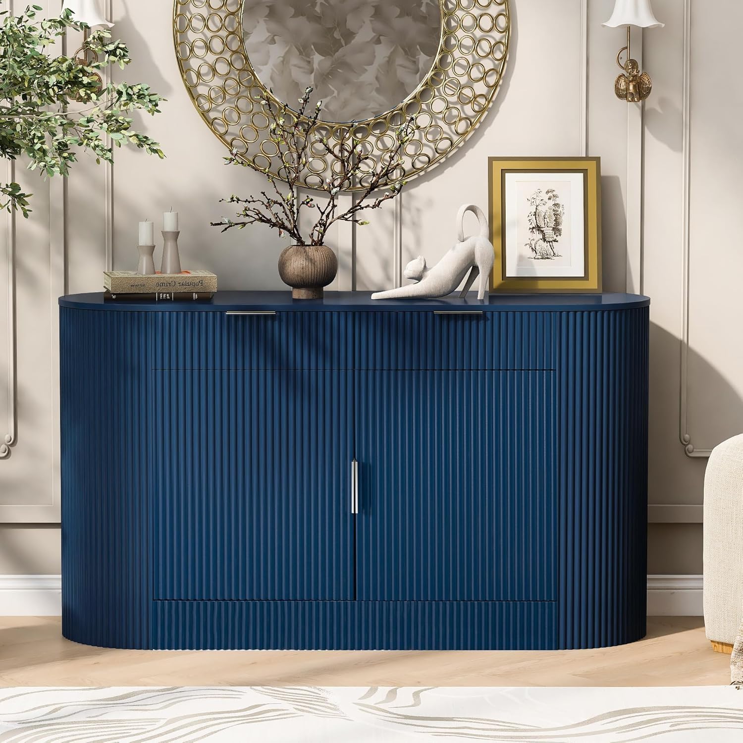 Virubi 55' Fluted Sideboard Buffet Cabinet with Storage,Doors& Gold Handles, Wood Modern Curved Kitchen Coffee Bar Cabinet with Drawers for Living Room,Entryway,Kitchen,Dining Room (Navy Blue)