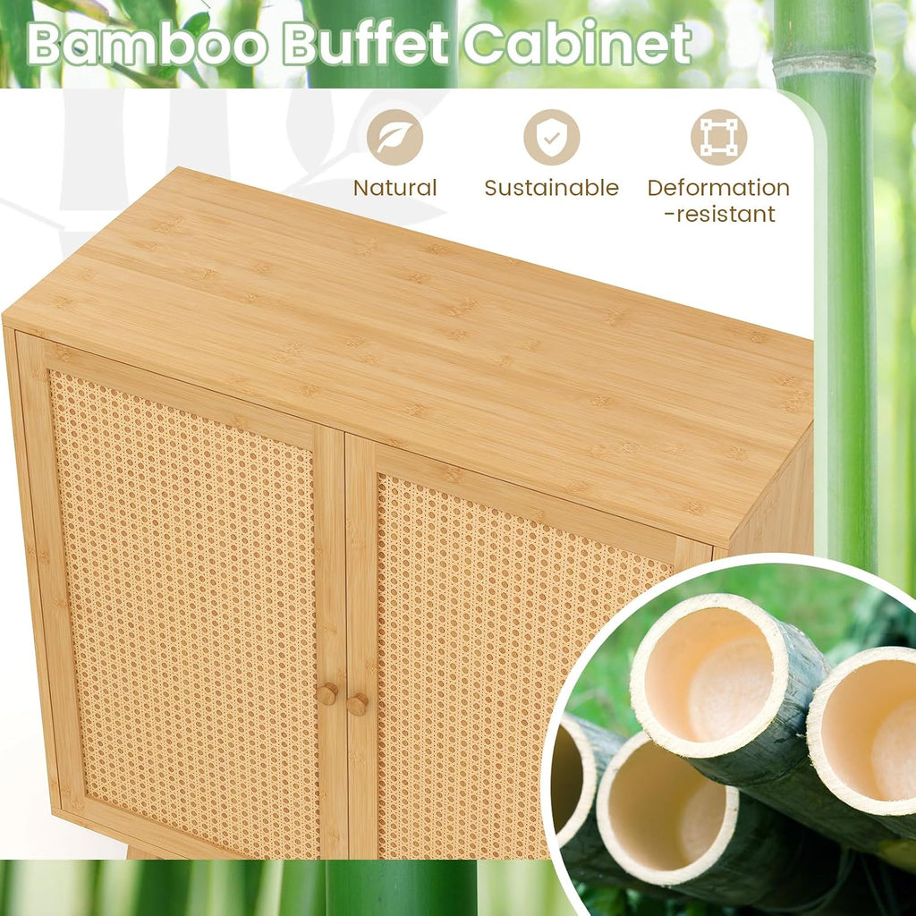 LOKO Bamboo Buffet Cabinet Set of 2, Boho Storage Sideboard with PE Rattan Doors, Freestanding Kitchen Cupboard, Coffee Bar Accent Cabinet for Living Room, Dining Room, Hallway, Natural (2)