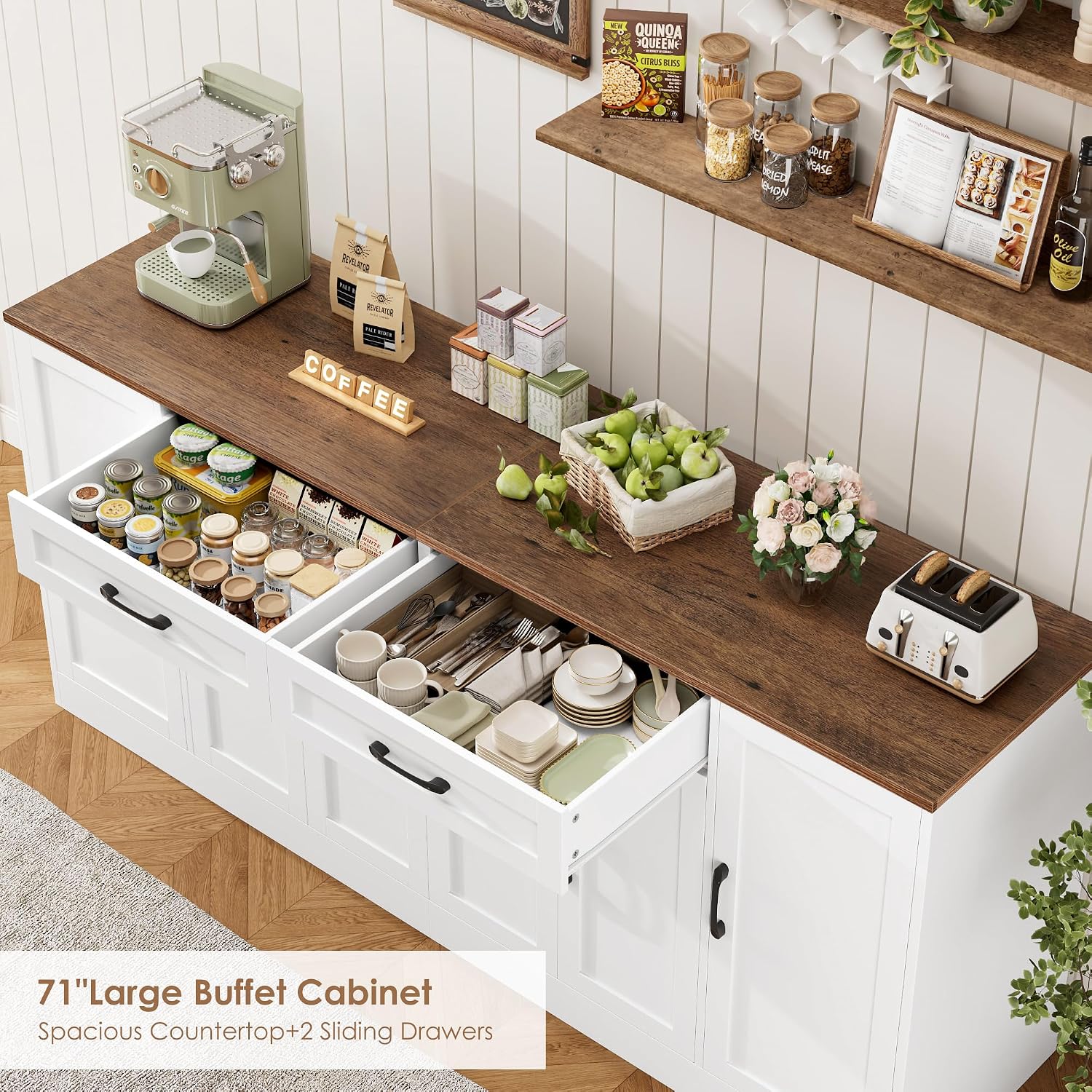 BOTLOG 71' Large Buffet Cabinet with Storage, Sideboard Buffet Cabinet with Adjustable Shelves and 6 Soft-Close Doors, Wood Coffee Bar Console Table for Kitchen, Dining Room, White