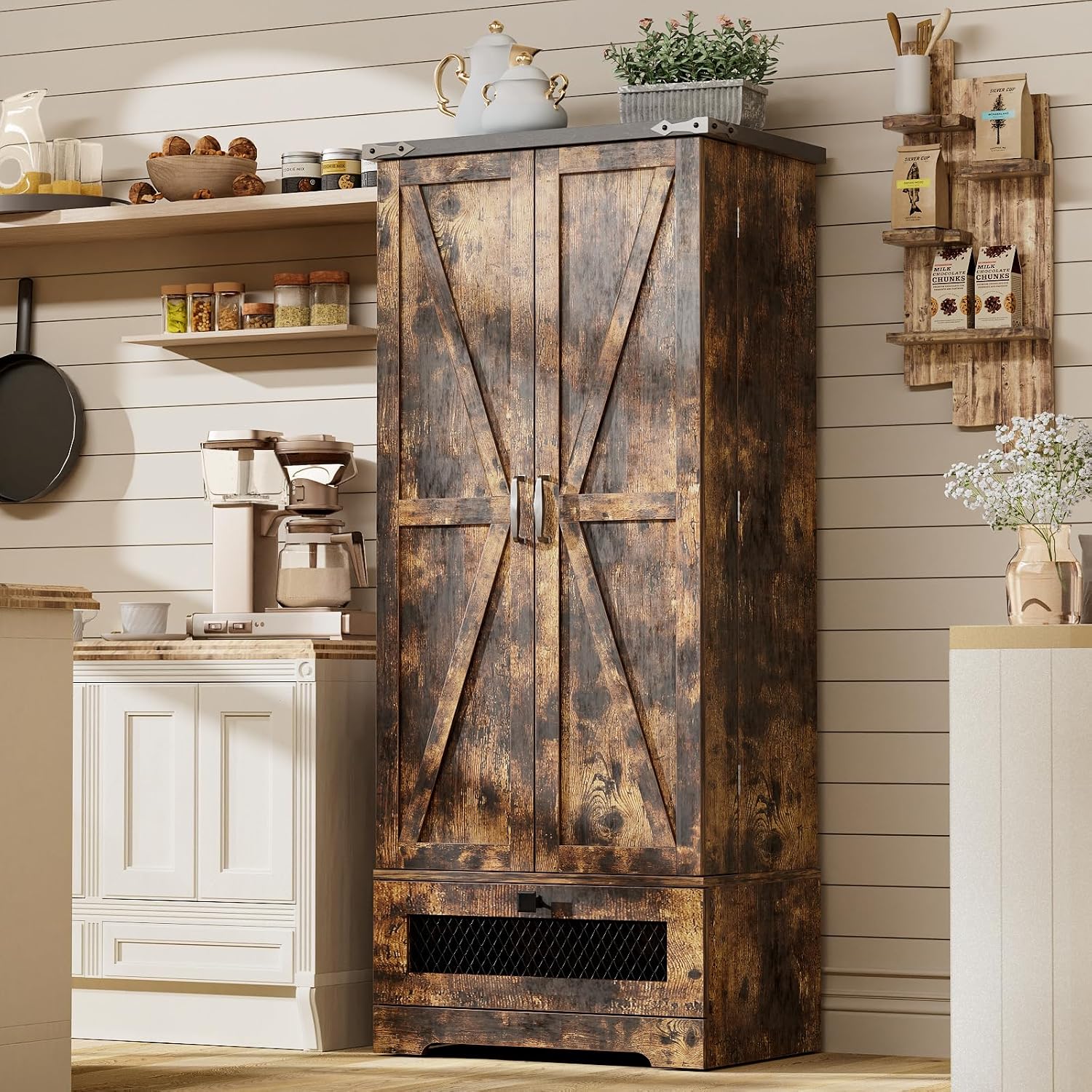 kepptory Pantry Cabinet with Adjustable Shelves and Drawer, Kitchen Cabinet Buffet Cupboards Storage for Home Office (Brown, 16' D x 24' W x 55' H)