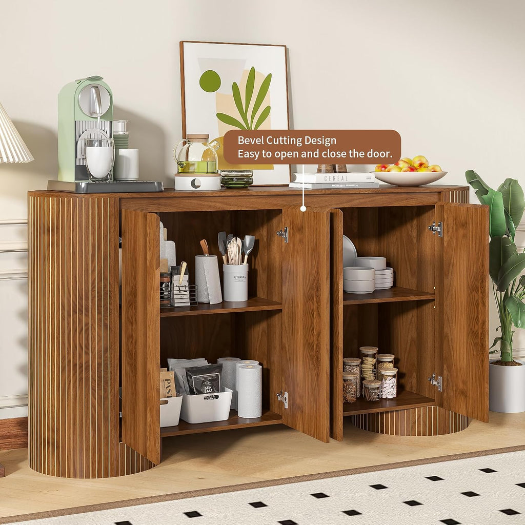 Sideboard Buffet Cabinet with Storage, 60' Modern Credenza Storage Cabinet with 4 Doors and Adjustable Shelves, Large Oval Buffet Table for Kitchen, Living Room (Walnut)